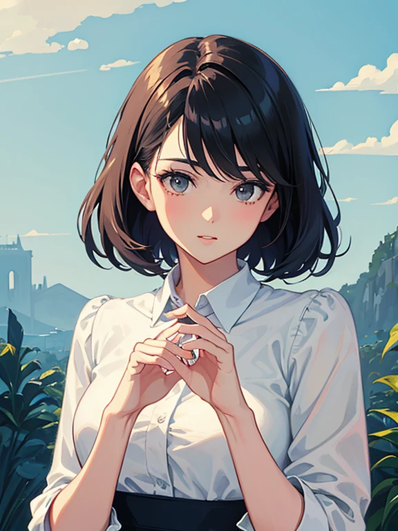 (((highest quality))),masterpiece,1 anime girl selfie hand style,((the perfect person)),((Super beautiful woman)),black short hair,detailed perfect face,retro,vintage,classic,60's,70's,80&#39;s,nostalgic,abstract,((beautiful portrait)),very delicate, beautiful scenery background,aesthetic,makoto shinkai style, film grain,overlay,SF,perfect fingers,perfect physical beauty,