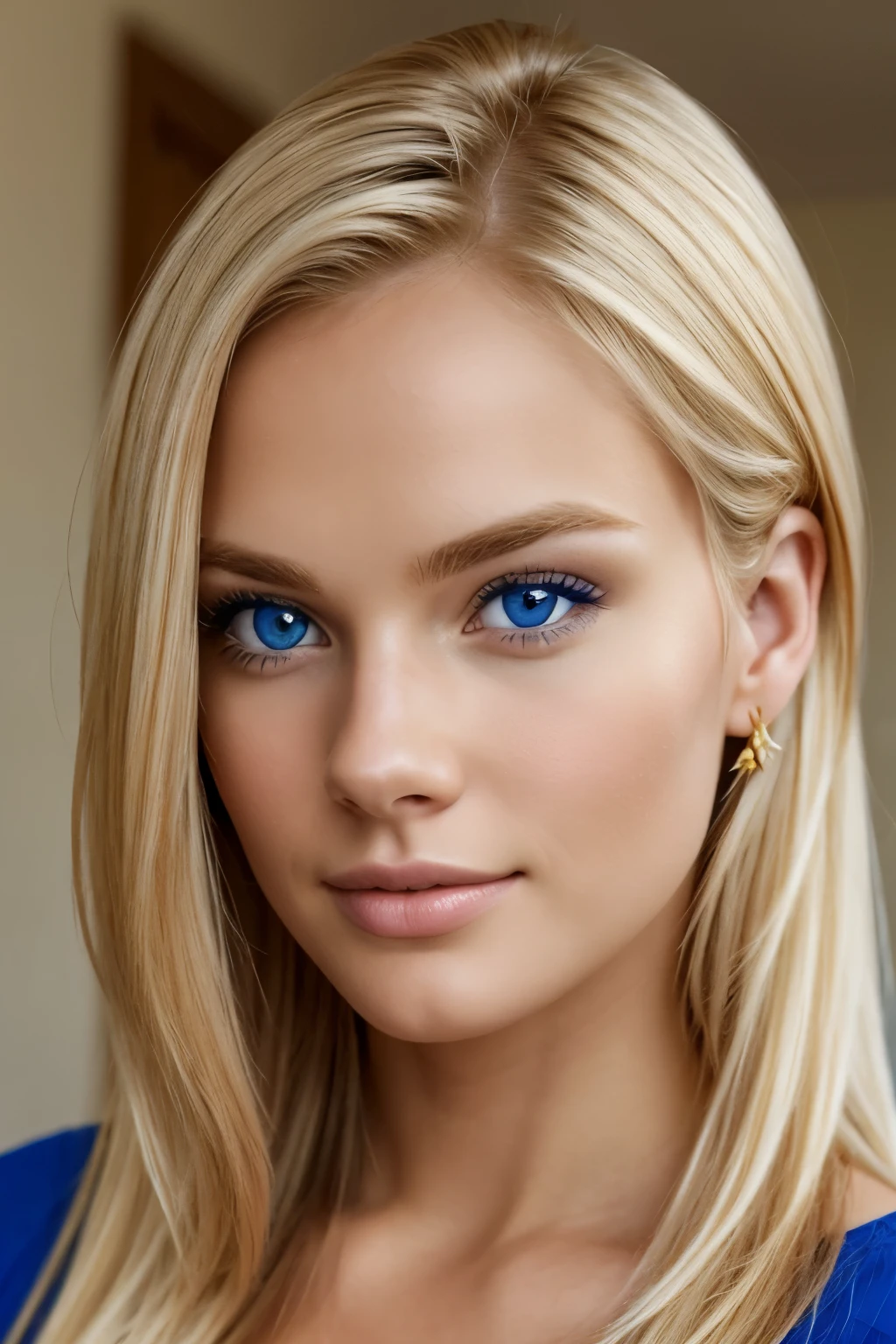 a very pretty and attractive blond 25 years old with blue eyes very realistic