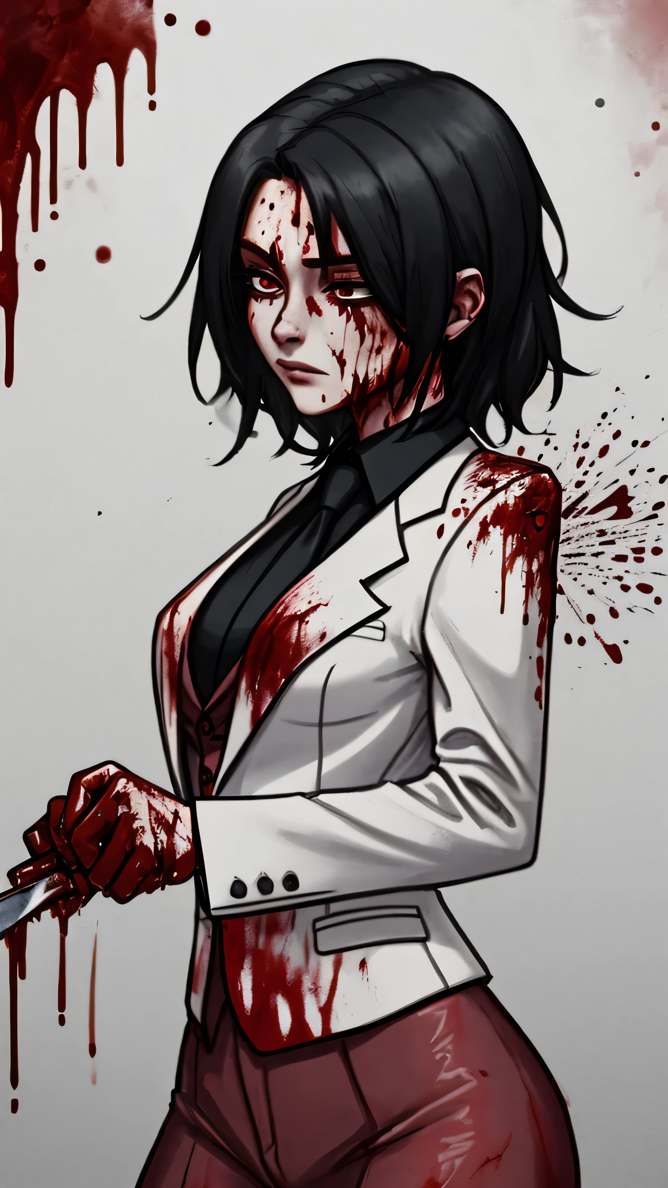 A woman in a suit covered in blood with knife
