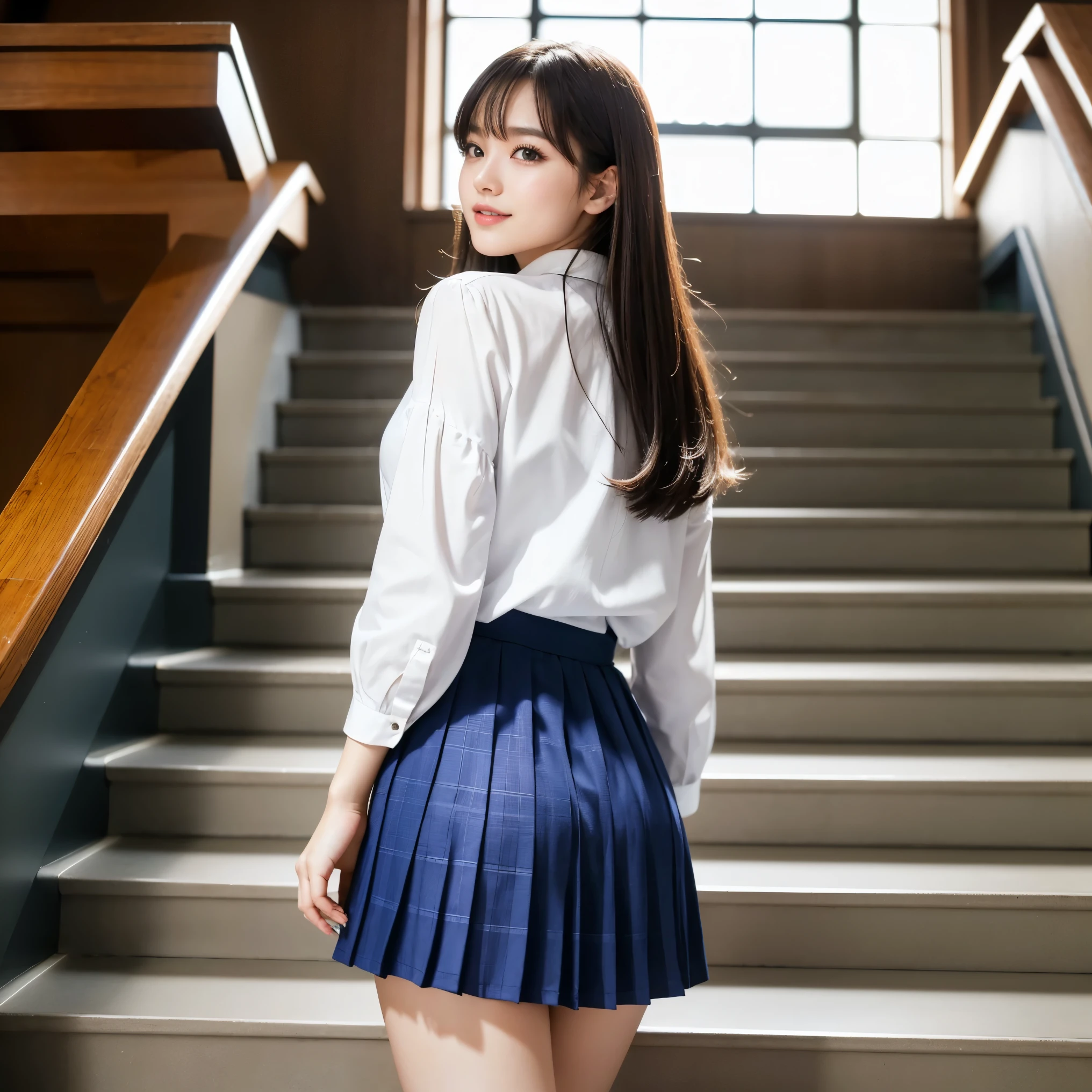(highest quality、table top、8K、best image quality、Award-winning work)、one high school girl、16 years old、(alone:1.1)、perfect beautiful composition、A composition that beautifully highlights the head、(Huge breasts that are about to burst:1.1)、(emphasize body line:1.1)、slender body、(perfect and accurate white polyester shirt:1.1)、(Navy Check Pleated Skirt:1.1)、(foot pictures:1.2)、look at me and smile、(Strong blur school stairs background:1.1)、The most natural and perfect staircase、Regular and most natural staircase、stand gracefully、natural makeup、(beautiful and thick legs:1.1)、beautiful feet、Ultra high definition beauty face、ultra high definition hair、Super high-definition sparkling eyes、(Super high resolution glossy skin:1.1)、Super high resolution glossy lips、accurate anatomy、(very bright and vivid:1.1)、(my back is turned:1.3)、(turn your butt towards me:1.2)、(look back at me:1.2)、(big and beautiful hips:1.1)、(Highlights your beautiful hip line:1.1)、(Photo from below:1.2)