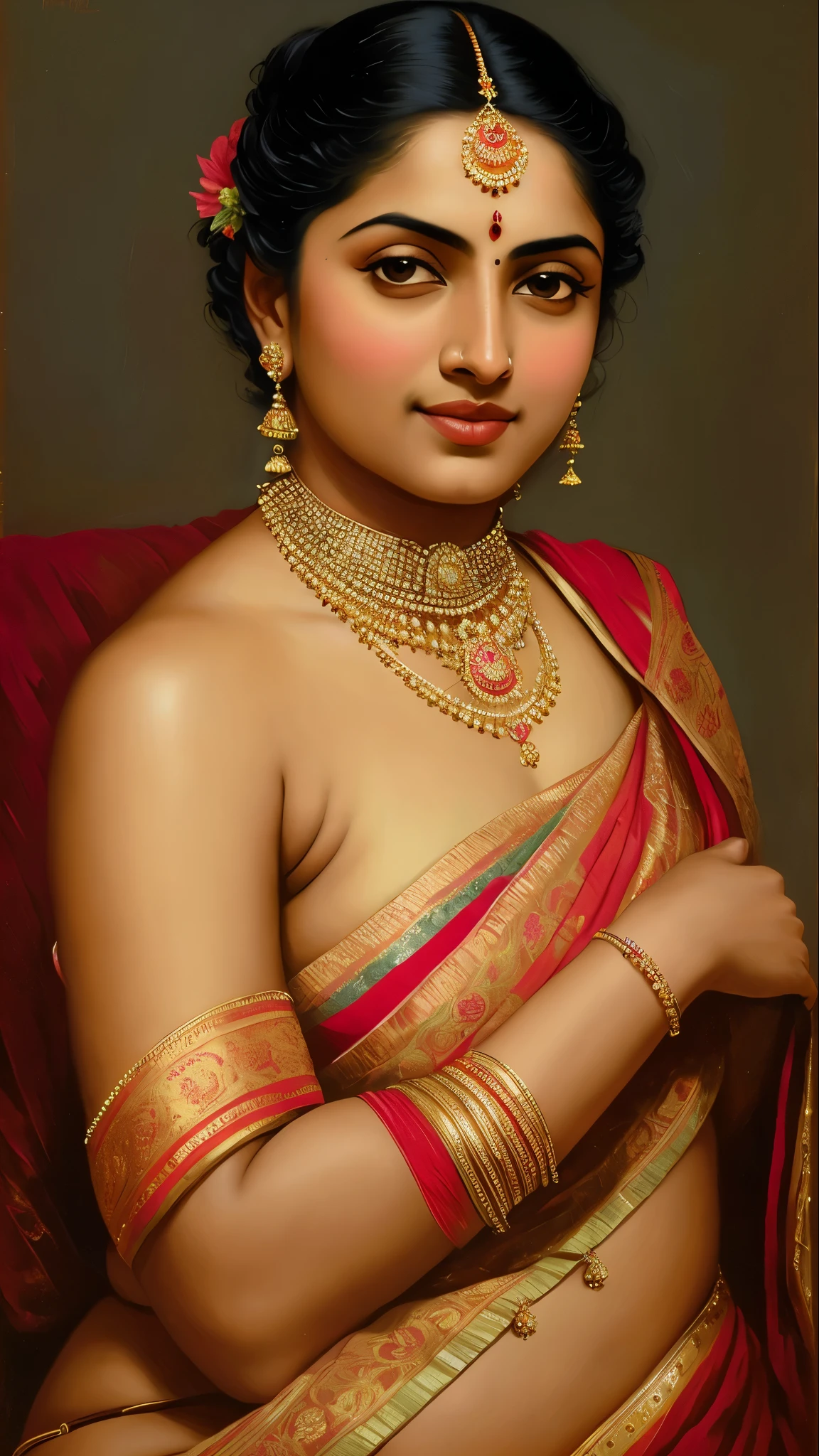 Reclining Nair Lady by artist Raja Ravi Varma, Realistic, 8K, ultra-detailed, intricate,Unreal Engine, midjourney art style impressionism, abstract, (oil painting , dry brushstrokes), negative space, vibrant colours, extremely beautiful lady, gorgeous, perfect thick healthy figure, 