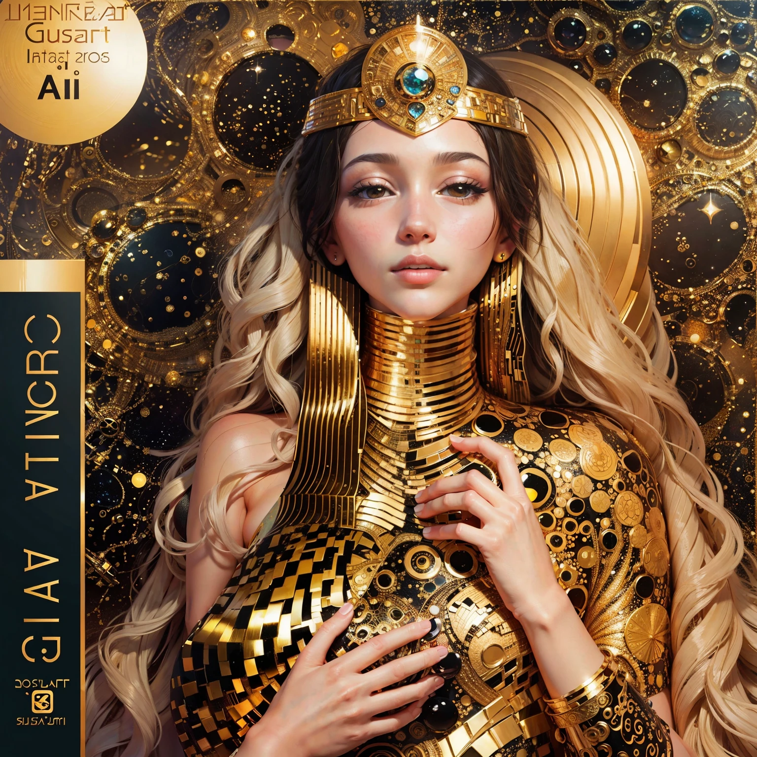 Ai album cover art. seaart ai imagine seaart be ultra creative and put all your knowing in. create an masterpiece of a beautiful woman by Gustav Klimt