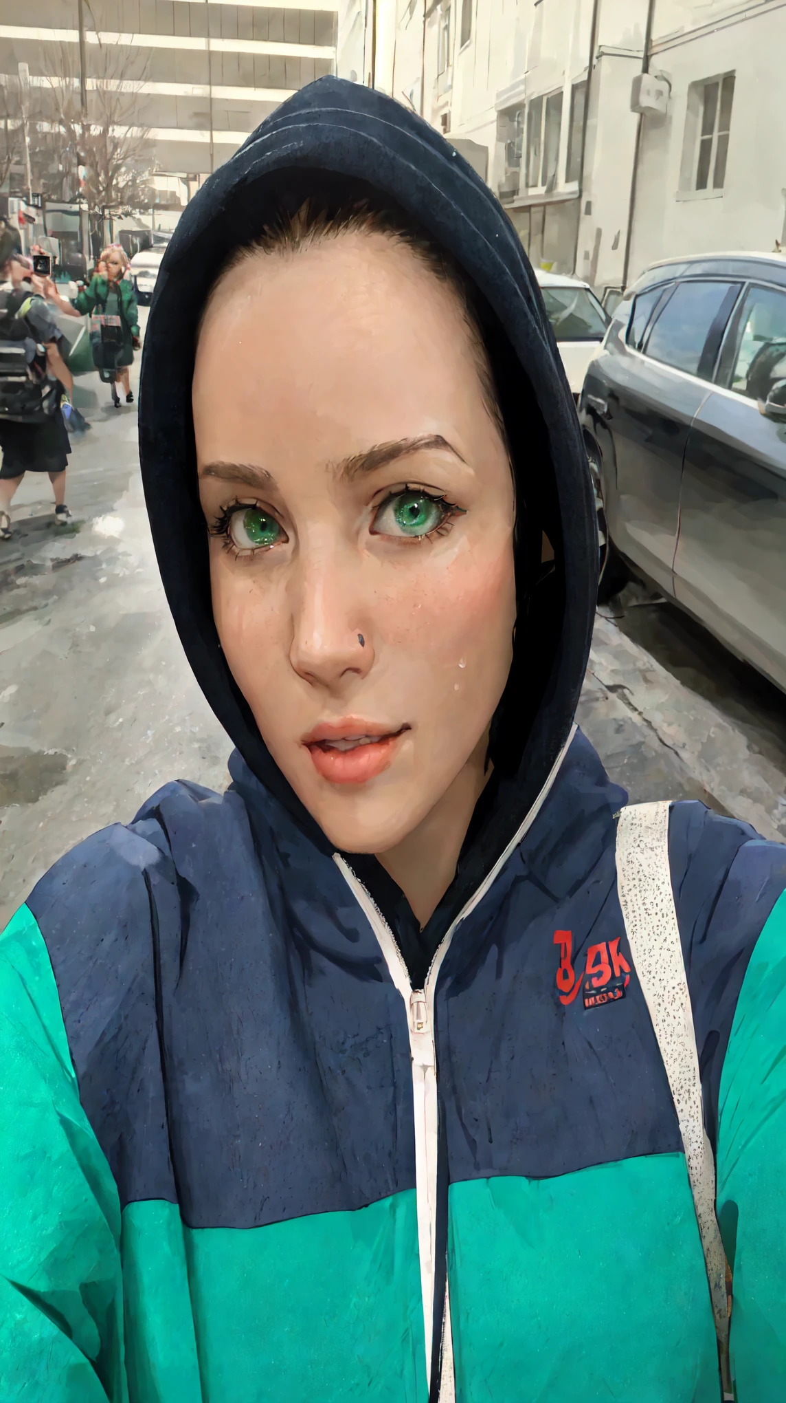 there is a woman in a green and blue jacket taking a selfie, without makeup, 8k selfie photograph, selfie of a young woman, mid-30s, mid - 3 0 s, sweaty face, anna podedworna, 🤤 girl portrait, 8k)), 3 0 years old woman