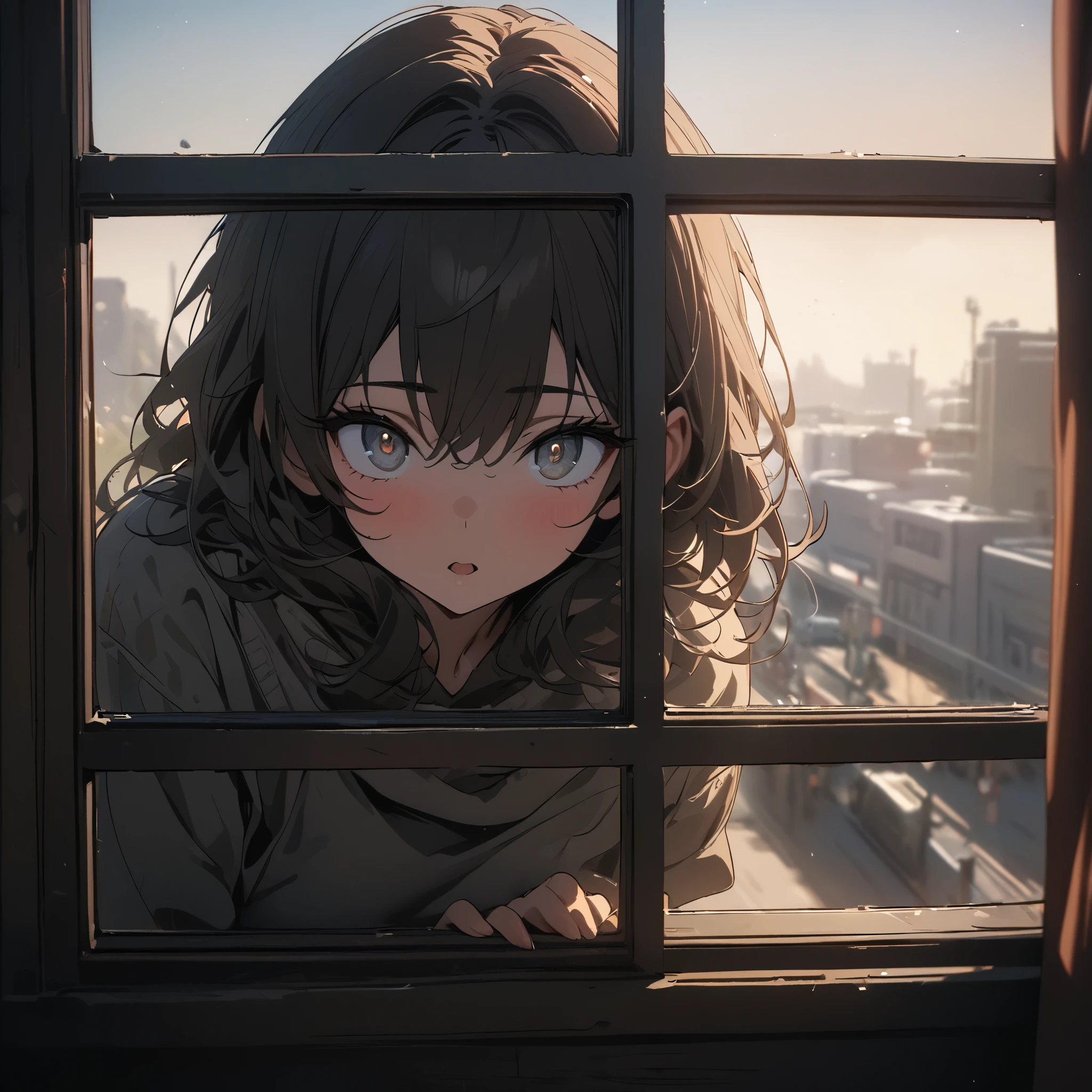 Flat coating，outside the window，Godzilla huge eyes，Looking out from the window，8k，masterpiece，Super fine，high quality