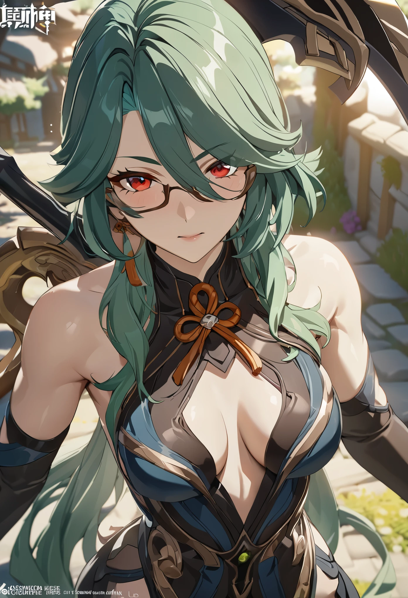 ((solo)), (woman), red eyes, green hair, medium hair, straight hair, (sculpted body), medium breasts, mature body, glasses, a close up of a person with a scythe in a village, detailed key anime art, honkai star trail character, casimir art, masamune shiro, masamune, beautiful woman in demon slayer art, genshin, heise jinyao, shadowverse style, (no logos), detailed clothes, eye reflection, depth of field, cinematic lighting, ray tracing, depth of field, cinematic lighting, ray tracing, UHD, high details, best quality, highres, high quality, award winning, super detail, masterpiece, 8k, UHD, high details, best quality, highres, high quality, award winning, super detail, masterpiece, 8k