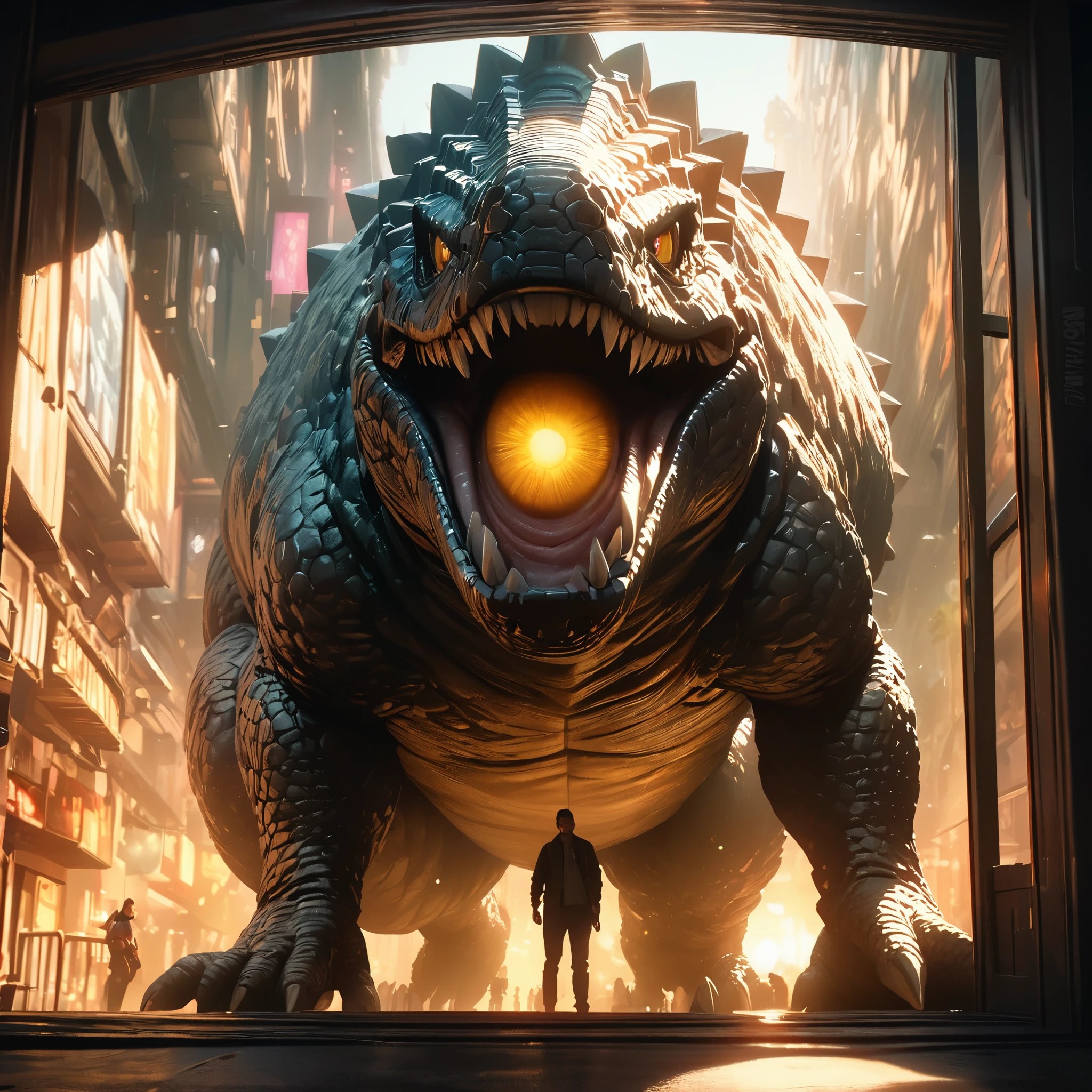 Flat coating，Looking out the window from the room，Godzilla huge eyes，Colorful and bright，high saturation，Realistic light and shadow effects，movie lighting，8k，masterpiece，Super fine，high quality，First-person perspective