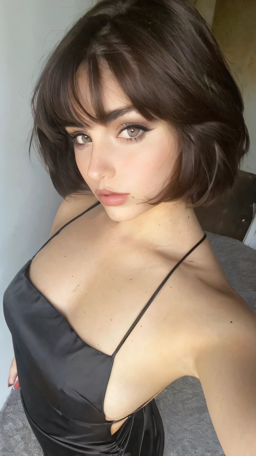 Mujer arafed con un vestido negro posando para una foto., short brown hair and big eyes, short brown hair con flequillo, with short hair con flequillo, charli bowater, neat hair con flequillo, con flequillo, Retrato de Sophie Mudd, she has black hair con flequillo, sexy look at the camera, flequillo esponjoso, ana de armas, 18 years