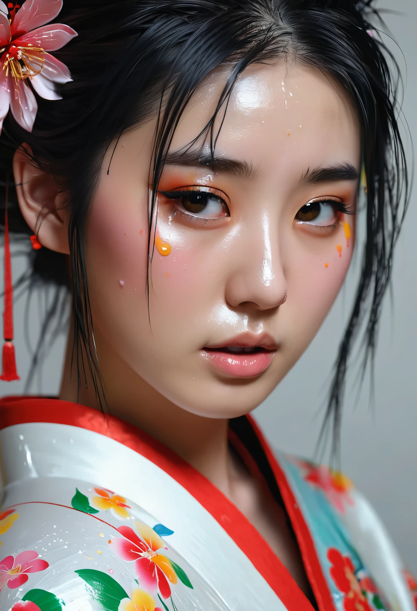 Shukezma, Octane Rendering, HDR, (Ultra Detail: 1.15), (Soft Light, Sharp: 1.2), 1 Girl, Beautiful Girl, Ultra Detailed Eyes, Painting Drops, Paint Teardrops, Woman Made Of Paint, Fully Painted, Sprat, Splash, Long Colored Hair, Kimono Made from Paint, Ultra Detailed Textured Kimono, Paint Kimono, Paint Light Bulb, exposed cleavage, sexy, paint drop, indoors, exposed shoulders, tears, sexy, shoulders visible, thigh exposed, half naked, focus on face, beautiful face, eye shadow, black eye contour, Japan face, baby face, Japan girl, mascara, beautiful, 18 years old