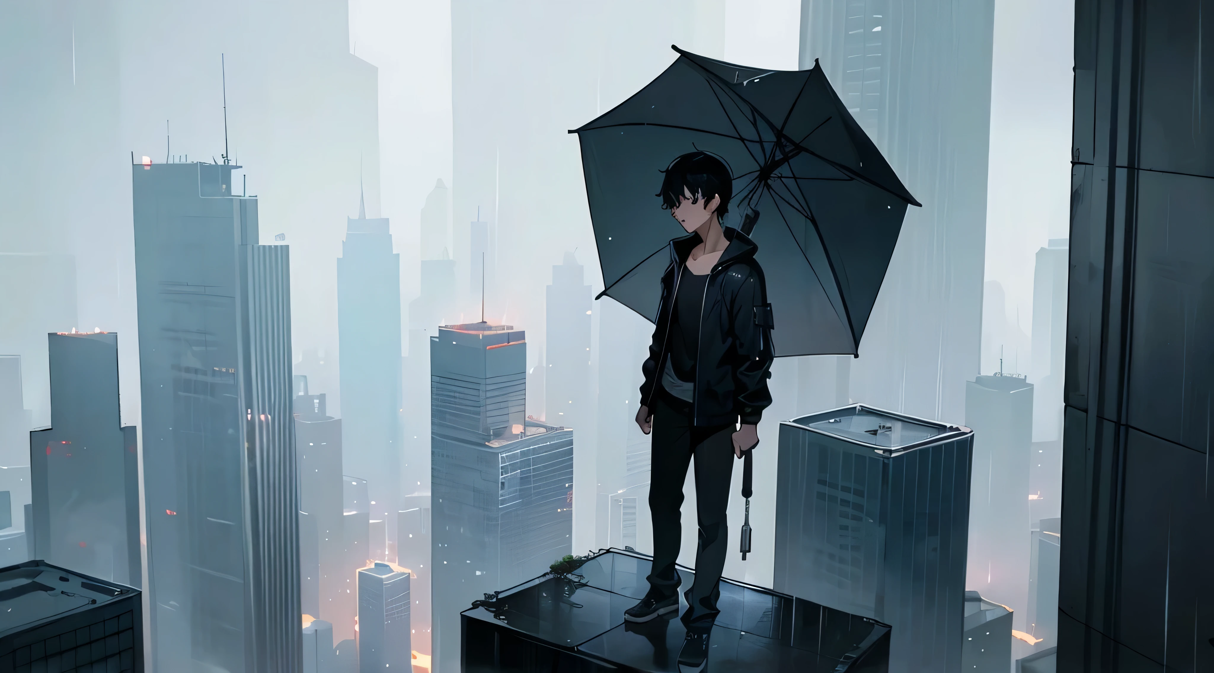 a teenage boy with black hair standing on top of a skyscraper in the rain