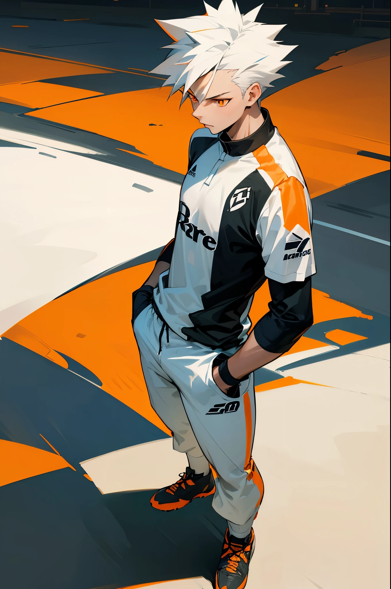 1male, spiked hair, orange eyes, white hair, soccer jersey, soccer field background, detailed background, standing on path