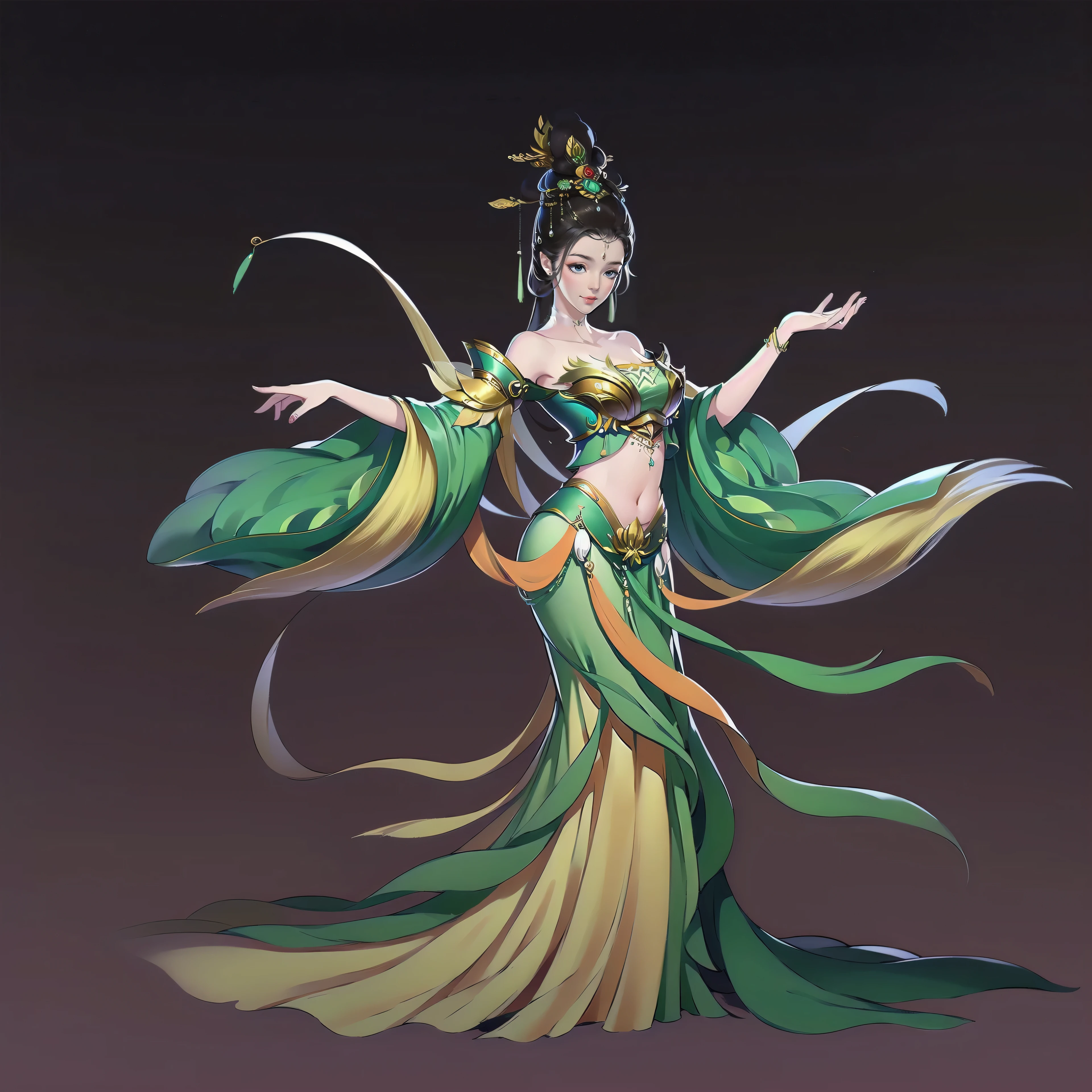 (masterpiece,super detailed,HD details,highly detailed art)1 girl,whole body,barefoot,Feitian,bare shoulders,Show belly,jewelry,xianxia,Gorgeous dance costumes,elegant,elegant,Highly detailed character designs from East Asia,Game character costume design,simple,ultra high resolution, sharp focus, epic work, masterpiece, (Very detailed CG unified 8k wallpaper),pretty face,beautiful eyes,HD details