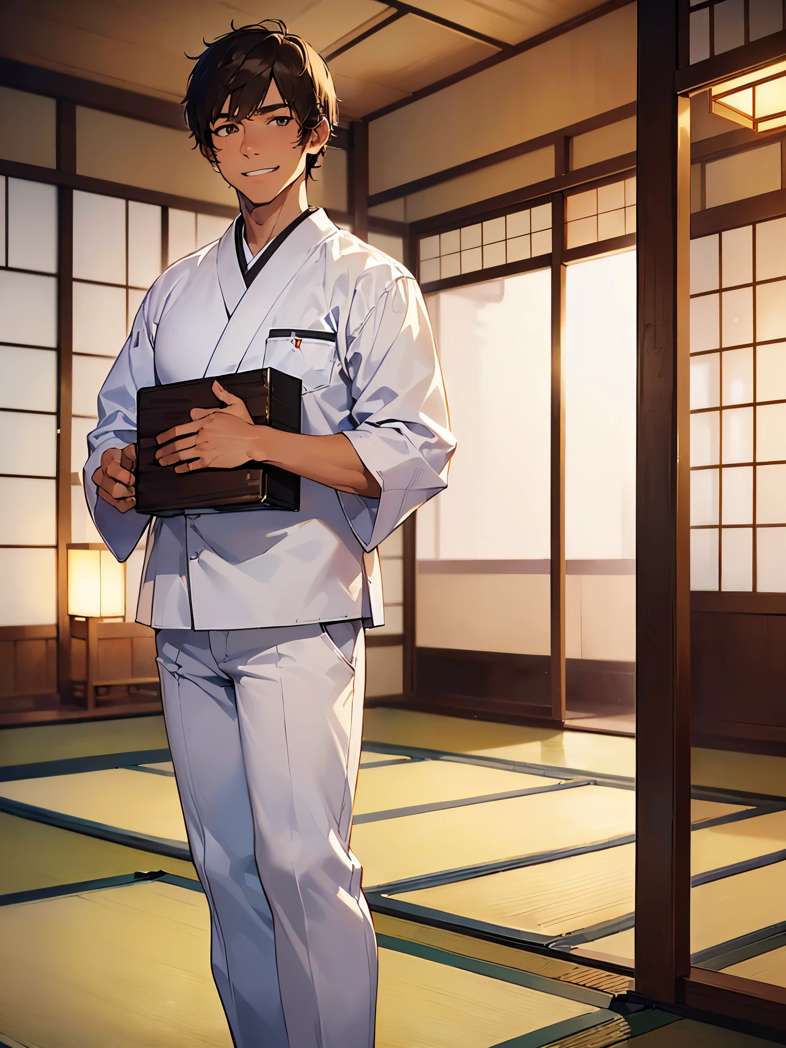 single shot:1.3,(((Highest image quality、highest quality、masterpiece、High resolution))),(((smile showing teeth:1.3,front view、A man looking straight at me:1.3,Dark-skinned man:1.3,cowboy shot、brown hair、short hair、Only one man:1.3、muscular、tall、short white work clothes:1.3、white pants,masseuse、Straight standing figure)))、(((Japanese-style room at a ryokan))),white futon,night:1.3,Room lights:1.3