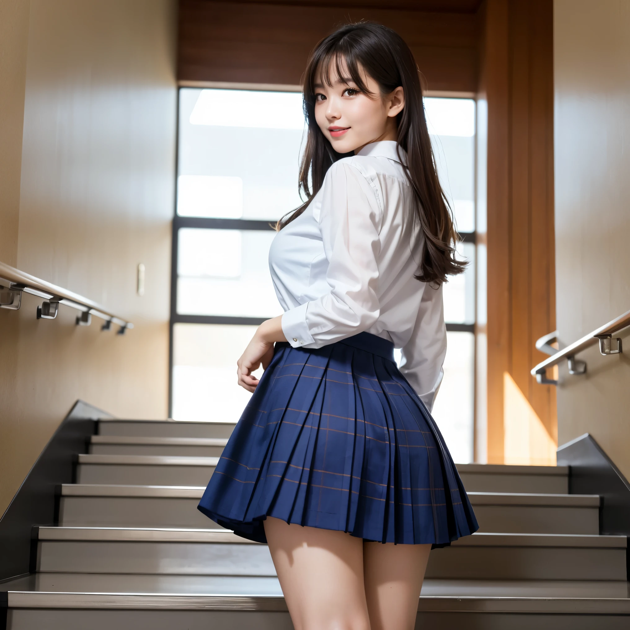 (highest quality、table top、8K、best image quality、Award-winning work)、one high school girl、、(alone:1.1)、perfect beautiful composition、A composition that beautifully highlights the head、(Huge breasts that are about to burst:1.1)、(emphasize body line:1.1)、slender body、(perfect and accurate white polyester shirt:1.1)、(Navy Check Pleated Skirt:1.1)、(foot pictures:1.2)、look at me and smile、(Strong blur school stairs background:1.1)、The most natural and perfect staircase、Regular and most natural staircase、stand gracefully、natural makeup、(beautiful and thick legs:1.1)、beautiful feet、Ultra high definition beauty face、ultra high definition hair、Super high-definition sparkling eyes、(Super high resolution glossy skin:1.1)、Super high resolution glossy lips、accurate anatomy、(very bright and vivid:1.1)、(my back is turned:1.3)、(turn your butt towards me:1.2)、(look back at me:1.2)、(big and beautiful hips:1.1)、(Highlights your beautiful hip line:1.1)