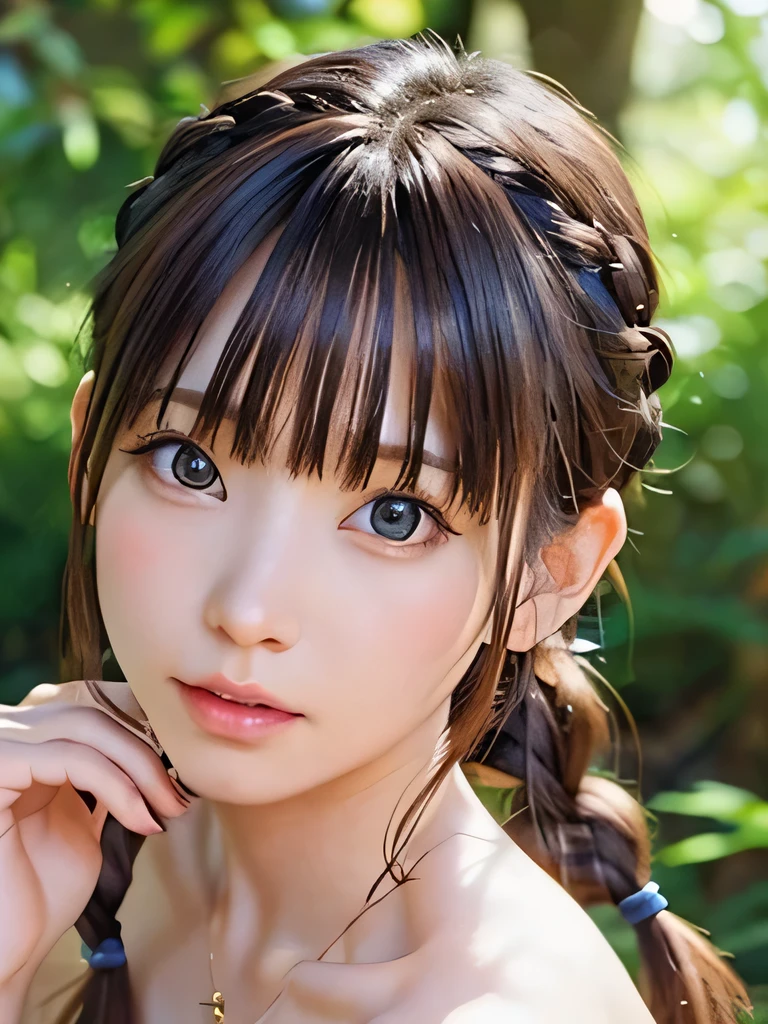 masterpiece, highest quality, １６K,enlightenment, Sax Blue, Green Earrings, green necklace, completely naked, 1 girl, cute, (dynamic lighting:1.2), cinematic lighting, delicate features, detailed eye, sharp pupils, realistic student, in the forest, Bokeh, sharp focus, (super detailed, bloom, shine:1.4), green eyes、brown hair、she is a tree fairy、forest background、in the forest、headband、naked、Braid、twin tails、Now naked、