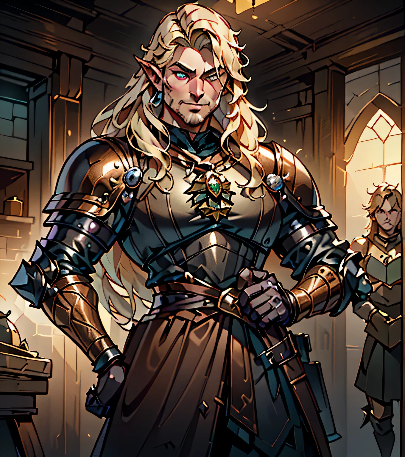 Design a handsome and rowdy male adventurer for Dungeons & Dragons. Dark complexion. Looks like a very attractive male adventurer for a high fantasy setting. Looks like a sexy and mischievous male adventurer for Dungeons & Dragons. Looks like a very sexy hot guy for a medieval fantasy setting. (((Dresses in rugged medieval fantasy attire.))) Looks like a Dungeons & Dragons adventurer, (((very cool and sexy long blond hair style))), (((leather armor))), (((black clothing))), handsome, (((smug and arrogant))), adventurer, pretty eyes, (((sexy eyes))), athletic build, (((excellent physique))), sexy, confident, (((gorgeous face))), gorgeous body, sexy eyes, detailed and intricate, fantasy setting, dungeons & dragons character portrait, fantasy adventurer, fantasy NPC, (((attractive male in his mid 20's))), intricate details, ultra detailed, extremely, ultra detailed clothes, epic masterpiece, ultra detailed, intricate details, hyperdetailed hands trending on Artstation, digital art, unreal engine, 8k, ultra HD, centered image