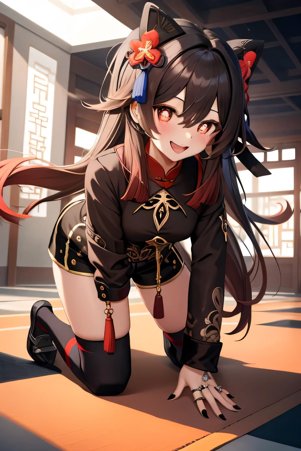 masterpiece, best quality, HuTaoV4, 1 girl, alone, looking at the audience, Symbol shaped pupils, flower shaped pupils, blush, Smile, open mouth, long sleeve, have, jewelry, flower, thigh, shorts, sock, nail polish, black headdress, Chinese clothes, black shorts, ring, on all fours, black nails, have flower,