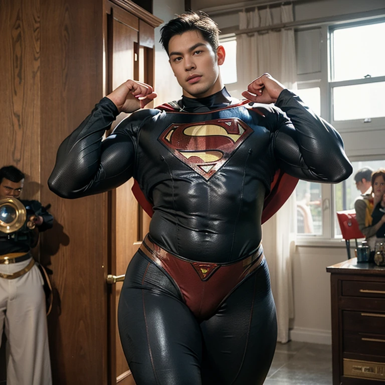 Man body setting,Superman costume bodysuit , (bare thighs) , ( thick bottom ) , realism , hyper realistic , photorealistic , ( thick hips ). , standing , super handsome boy , fatty hips , fatty buttocks, sexy , eroticism , nsfw , epic realism , epic photorealistic , tall man ,(hip fat), narrow waist , (wide hips) , large hips , bare chest , (overwide hips , over large buttocks), (skinny but huge hips )