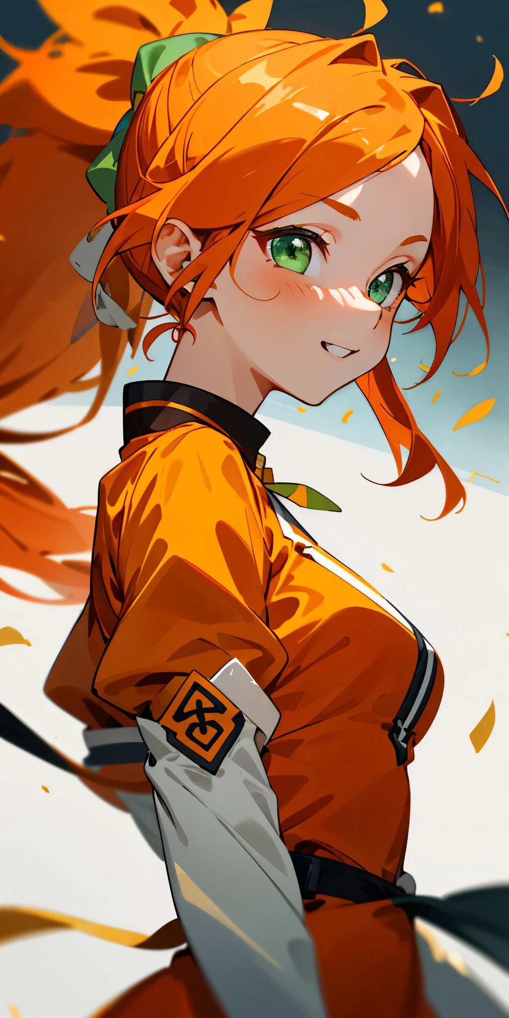 1 girl、one person、skinny body shape、orange clothes、orange hair、ponytail、beautiful green eyes、intense joy on the face、From the side、white uniform with golden decorations、upper body close-up