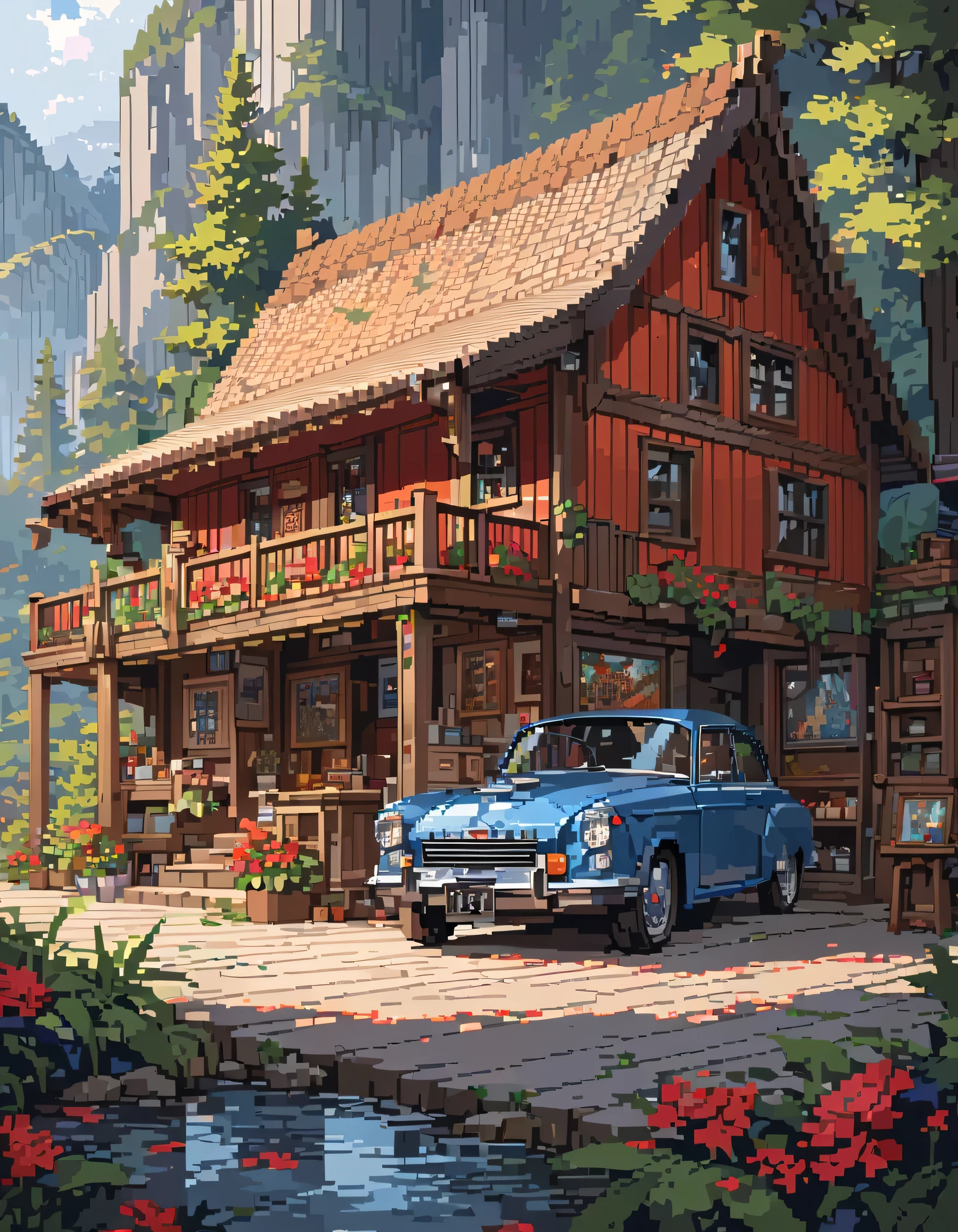 a red car parked in front of a wooden house, highly detailed digital painting, immensely detailed scene, very detailed digital painting, extremely detailed painting, very detailed illustration, car garage, highly detailed digital artwork, detailed realistic painting, beautiful detailed pixel art, digital painting highly detailed, highly detailed painting, stunning art style, in gouache detailed paintings, beautiful detailed scene