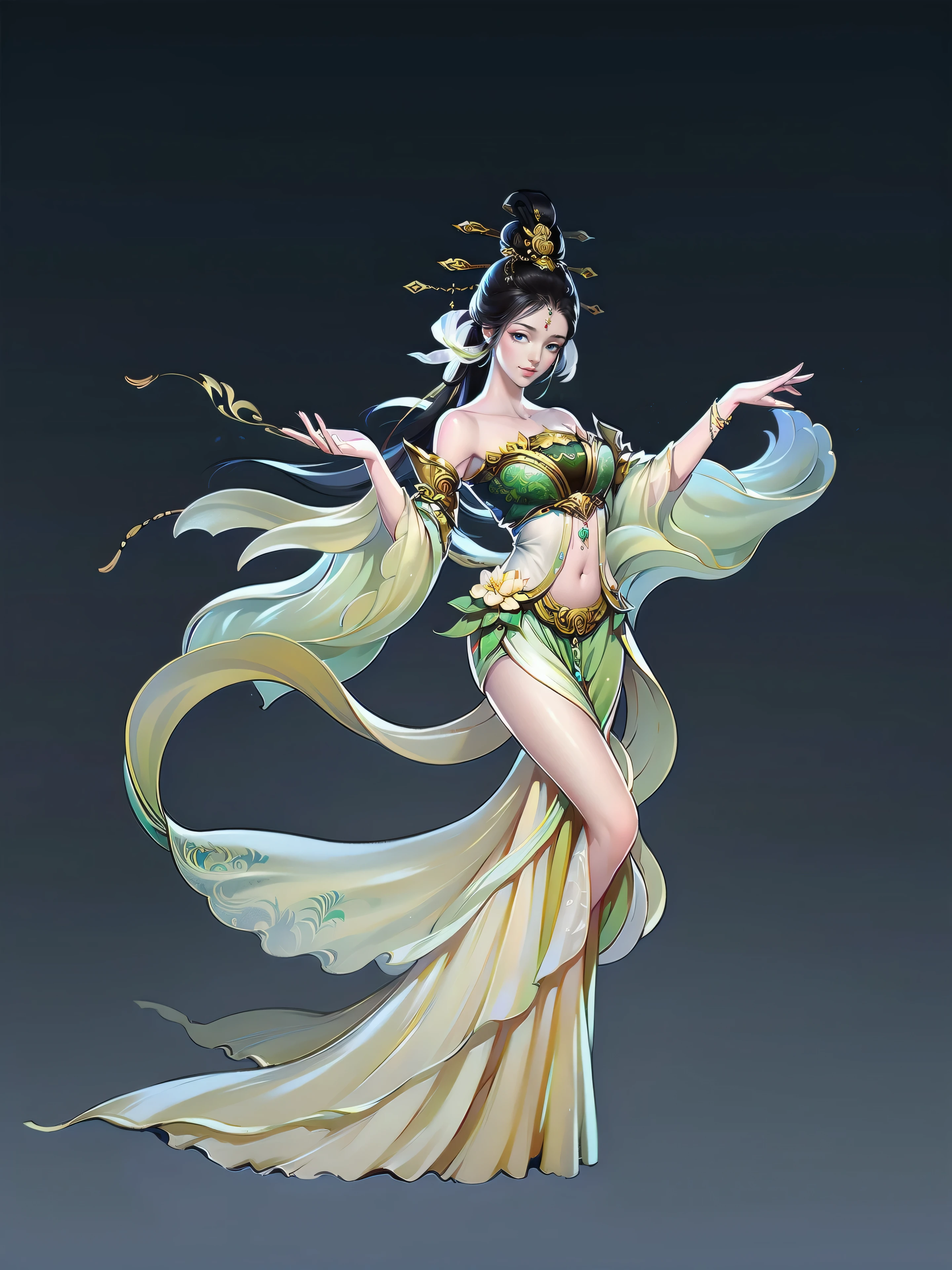 （masterpiece，super detailed，HD details，highly detailed art）1 girl，whole body，barefoot，Feitian，bare shoulders，Show belly，jewelry，xianxia，Gorgeous dance costumes，elegant，elegant，Highly detailed character designs from East Asia，Game character costume design，simple，ultra high resolution, sharp focus, epic work, masterpiece, (Very detailed CG unified 8k wallpaper)，pretty face，beautiful eyes，HD details