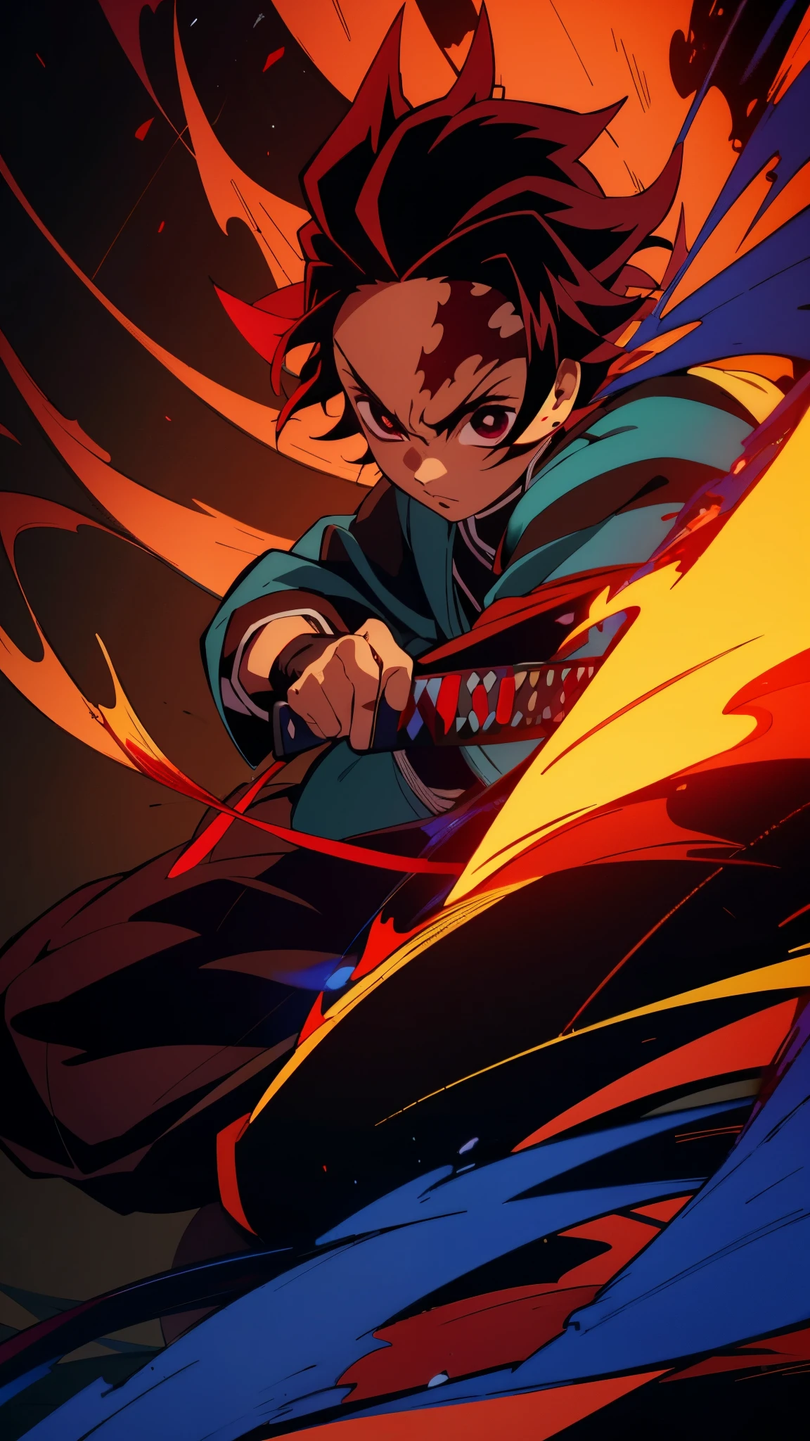 kamado tanjiro witha katana in his hand, flames and slashes of blue and red fire are all around, determinated face, ultra high quality picture, beautiful face