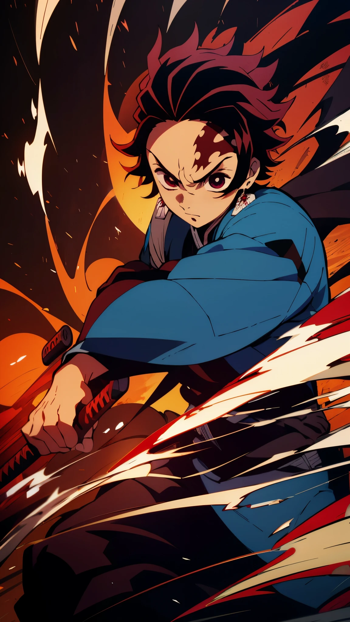 kamado tanjiro witha katana in his hand, flames and slashes of blue and red fire are all around, determinated face, ultra high quality picture, beautiful face