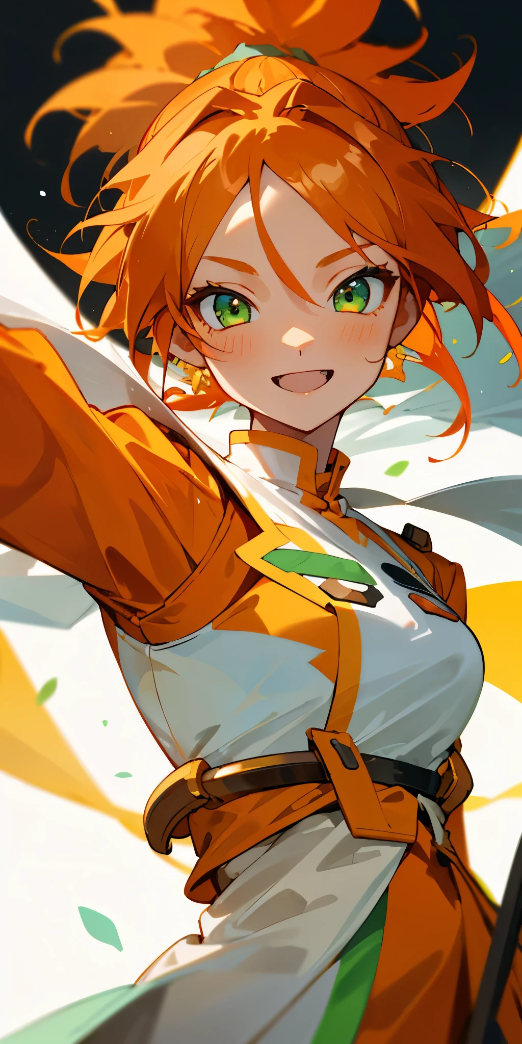 1 girl、one person、skinny body shape、orange clothes、orange hair、ponytail、beautiful green eyes、intense joy on the face、white uniform with golden decorations、upper body close-up