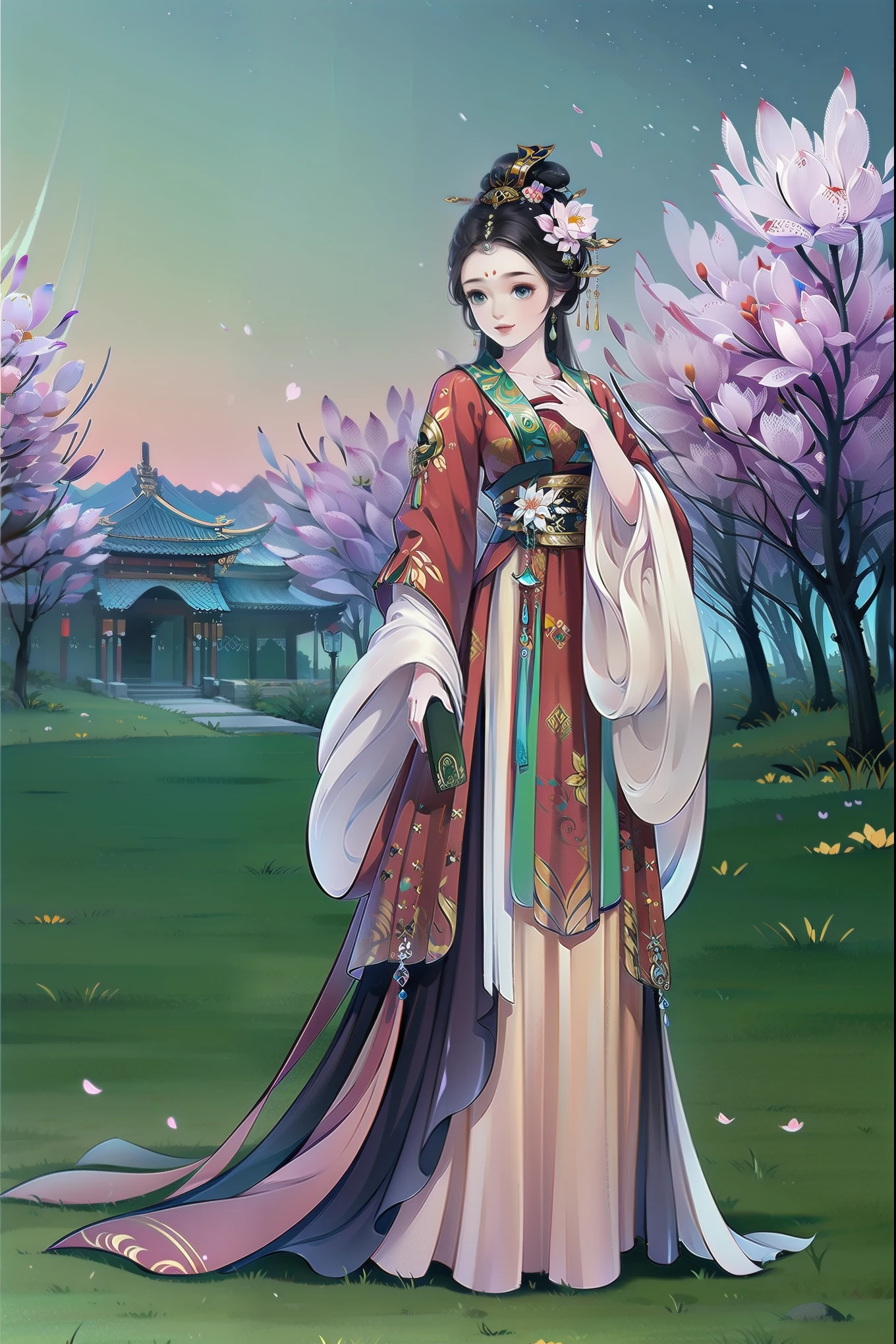 （masterpiece，super detailed，HD details，highly detailed art）A girl standing in a garden，Stone road，flowers and grass，alone，Smile，spring，peach blossom，palace，hanfu，Highly detailed character designs from East Asia，Game character costume design，ultra high resolution, sharp focus, epic work, masterpiece, (Very detailed CG unified 8k wallpaper)，pretty face，beautiful eyes，HD details