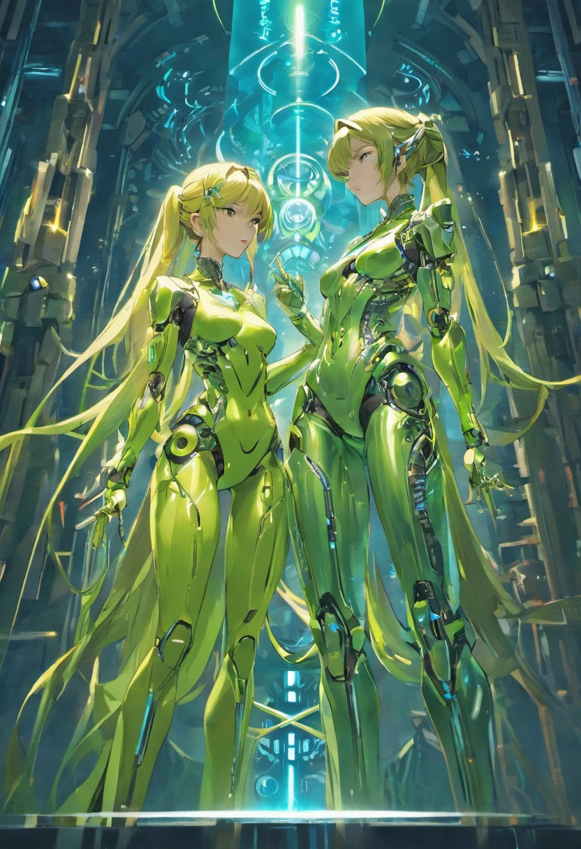 Step into a realm where artistry and innovation converge to create a masterpiece of unparalleled quality and detail. This stunning CG illustration, illuminated by cinematic lighting, unveils a scene of breathtaking beauty and technological marvel. At its center stand two figures, both African American women, united in their cybernetic grace. Their bodies, a fusion of flesh and machine, are adorned with intricate enhancements, each detail meticulously crafted to perfection. From mechanical limbs to cybernetic implants, every element showcases the pinnacle of technological advancement. Seated side by side in a serene embrace, their expressions betray no emotion, yet their unity speaks volumes. Wires and cables cascade from their bodies, intertwining with delicate floral arrangements and cutting-edge innovations that adorn the scene. Surrounding them are symbols of technological progress: holographic displays, advanced interfaces, and futuristic devices that hint at a world beyond imagination. Despite their cybernetic enhancements, both figures remain modestly covered, their embrace a testament to the enduring connection between humanity and technology. As you gaze upon this mesmerizing artwork, you're transported to a future where the boundaries between man and machine blur, inviting you to ponder the endless possibilities of cybernetic evolution and the beauty it brings to our world.