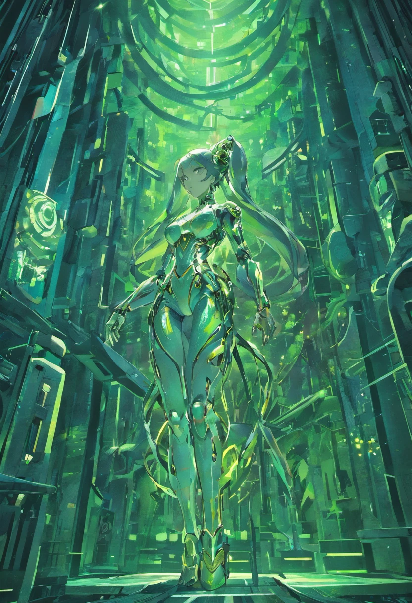 Step into a realm where artistry and innovation converge to create a masterpiece of unparalleled quality and detail. This stunning CG illustration, illuminated by cinematic lighting, unveils a scene of breathtaking beauty and technological marvel. At its center stand two figures, both African American women, united in their cybernetic grace. Their bodies, a fusion of flesh and machine, are adorned with intricate enhancements, each detail meticulously crafted to perfection. From mechanical limbs to cybernetic implants, every element showcases the pinnacle of technological advancement. Seated side by side in a serene embrace, their expressions betray no emotion, yet their unity speaks volumes. Wires and cables cascade from their bodies, intertwining with delicate floral arrangements and cutting-edge innovations that adorn the scene. Surrounding them are symbols of technological progress: holographic displays, advanced interfaces, and futuristic devices that hint at a world beyond imagination. Despite their cybernetic enhancements, both figures remain modestly covered, their embrace a testament to the enduring connection between humanity and technology. As you gaze upon this mesmerizing artwork, you're transported to a future where the boundaries between man and machine blur, inviting you to ponder the endless possibilities of cybernetic evolution and the beauty it brings to our world.
