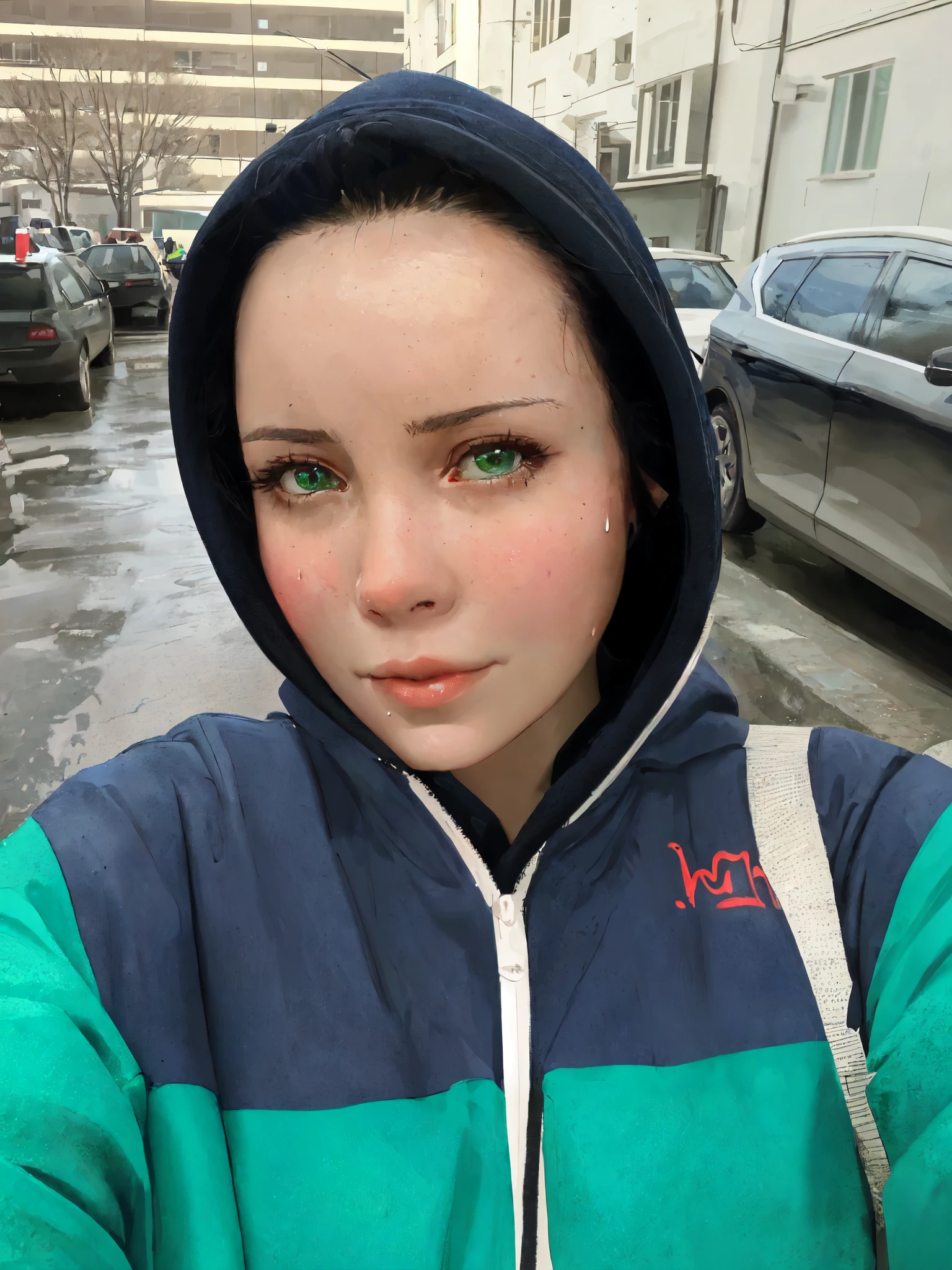 there is a woman in a green and blue jacket taking a selfie, without makeup, 8k selfie photograph, selfie of a young woman, mid-30s, mid - 3 0 s, sweaty face, anna podedworna, 🤤 girl portrait, 8k)), 3 0 years old woman