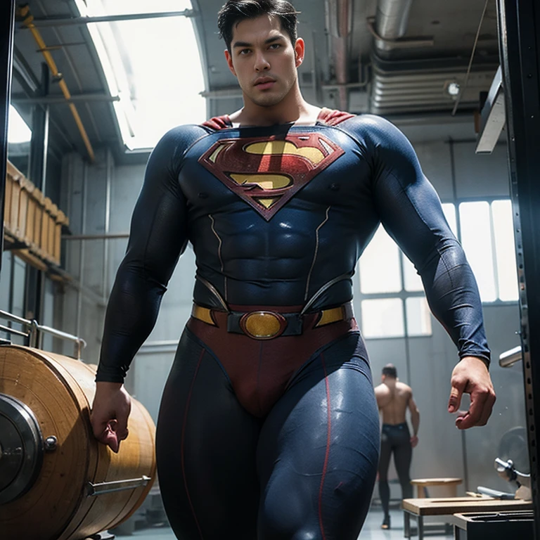 Man body setting,Superman costume bodysuit , (bare thighs) , ( thick bottom ) , realism , hyper realistic , photorealistic , ( thick hips ). , standing , super handsome boy , fatty hips , fatty buttocks, sexy , eroticism , nsfw , epic realism , epic photorealistic , tall man ,(hip fat), narrow waist , (wide hips) , large hips , bare chest , (overwide hips , over large buttocks), (skinny but huge hips )
