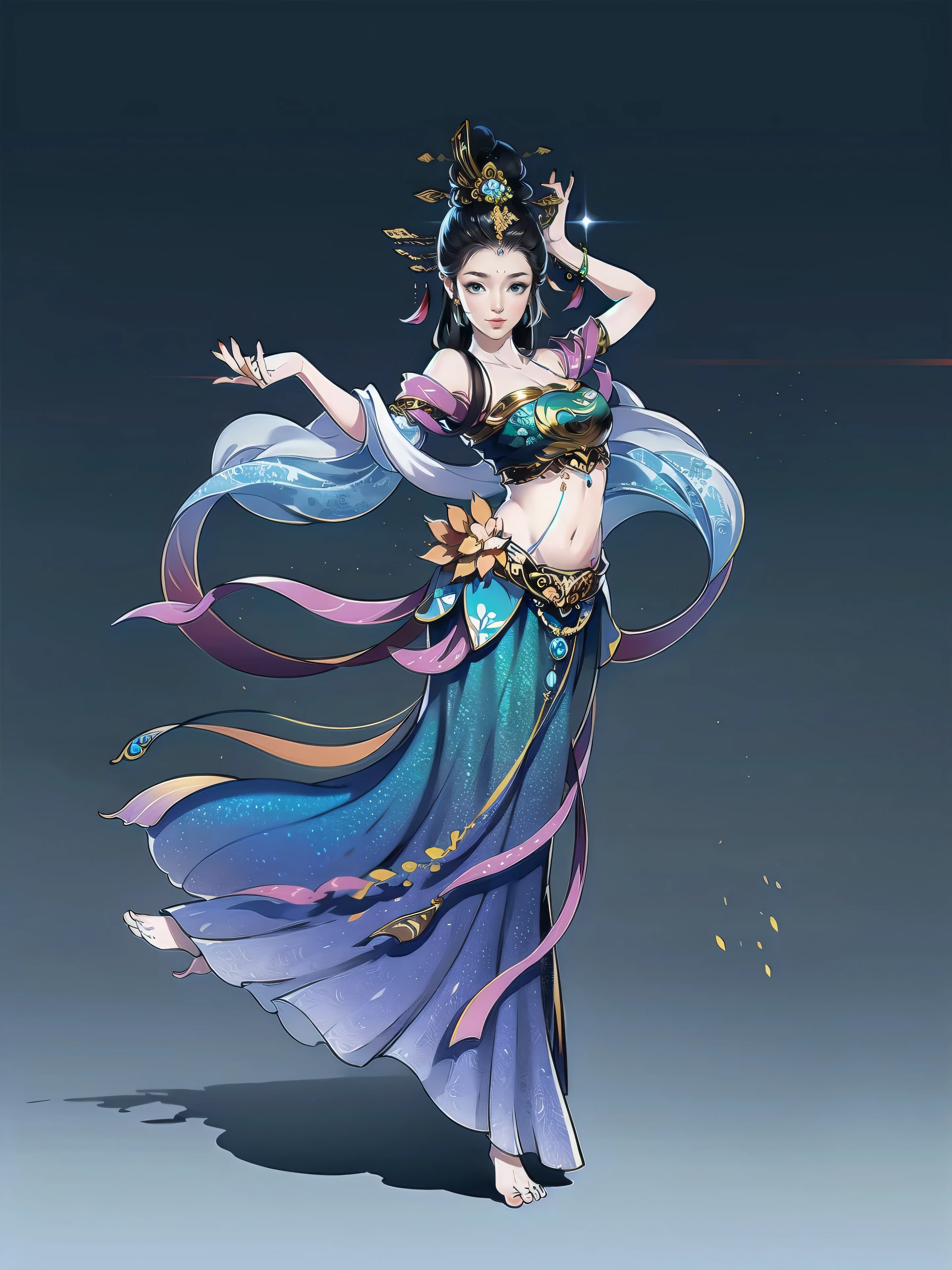 （masterpiece，super detailed，HD details，highly detailed art）1 girl，whole body，barefoot，Feitian，bare shoulders，Show belly，jewelry，xianxia，Gorgeous dance costumes，elegant，elegant，Highly detailed character designs from East Asia，Game character costume design，simple，ultra high resolution, sharp focus, epic work, masterpiece, (Very detailed CG unified 8k wallpaper)，pretty face，beautiful eyes，HD details