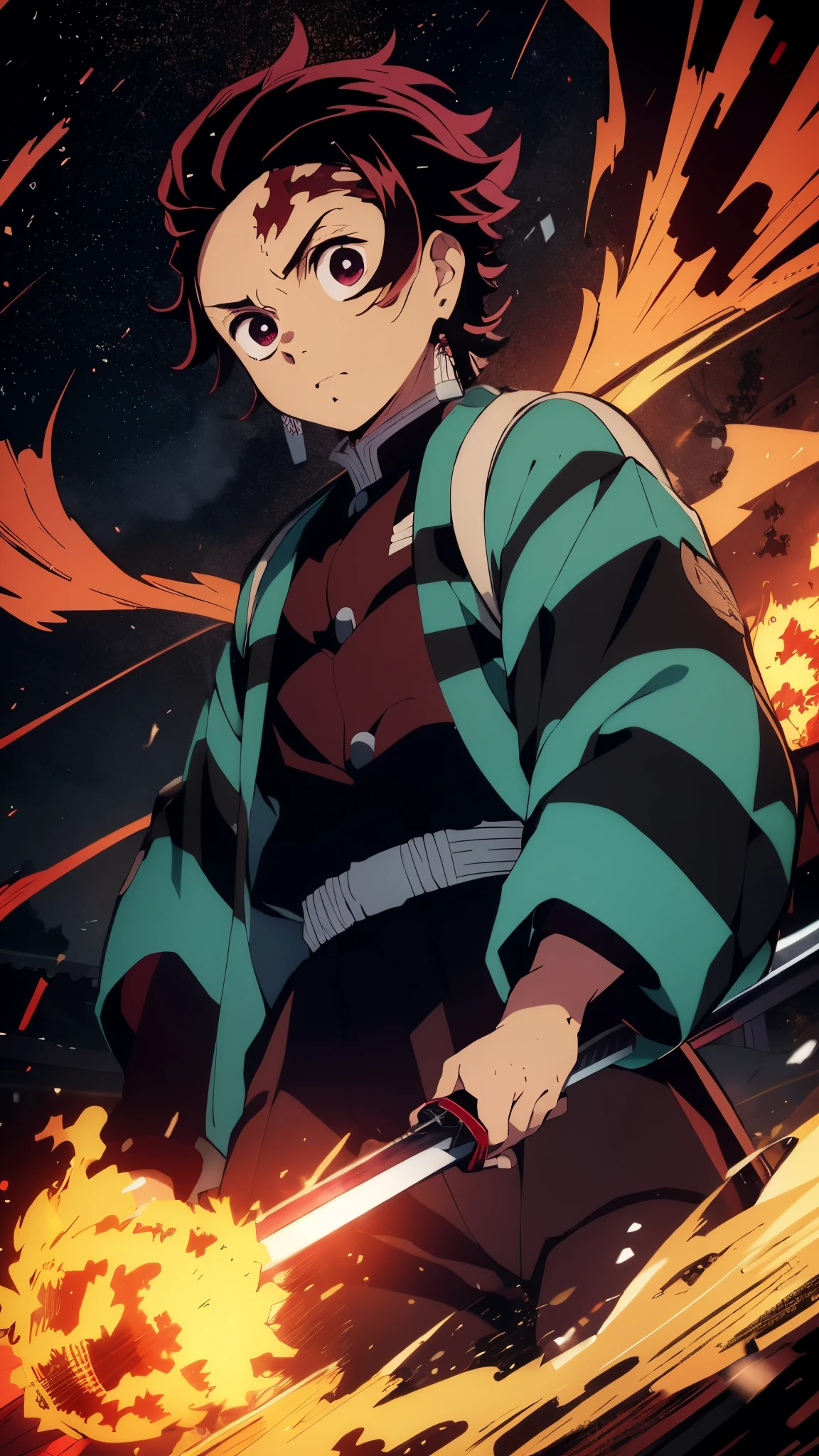 kamado tanjiro witha katana in his hand, flames and slashes of blue and red fire are all around, determinated face, ultra high quality picture, beautiful face