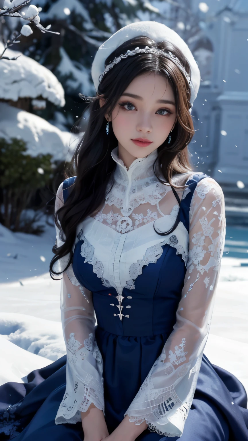 8k, obra de arte, 1 princesa, rosto bonito, cabelo muito comprido, maquiagem leve, olhos detalhados, Detailed lips, busto bem pequeno, Roupa de inverno, blue dress, (usando joias:1.7), (renda preto:1.5), ((neve caindo:1.3)), sentado.
