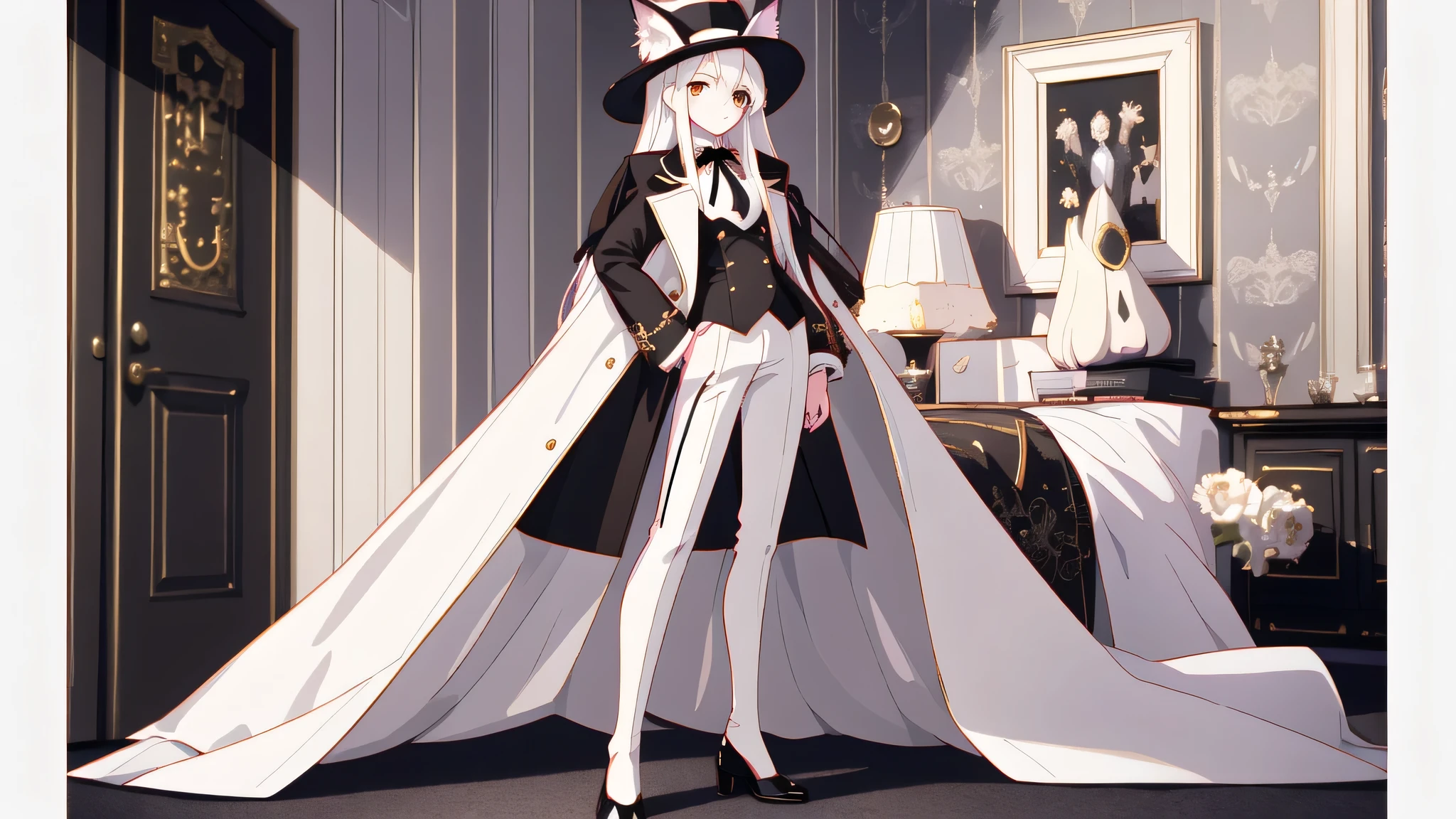 1 girl, serious face, standing inside bedroom, best quality, (masterpiece:1.2) detailed, she has white straight hair, brown eyes, white fox ears, white skin, black elegant coat, with shirt with a black tie, black pants and shoes, a black fedora hat, detailed bedroom background, anime style, 8k wallpaper, ultra detailed, vibrant colors, perfect anime, detailed hands, detailed fingers, detailed hair

