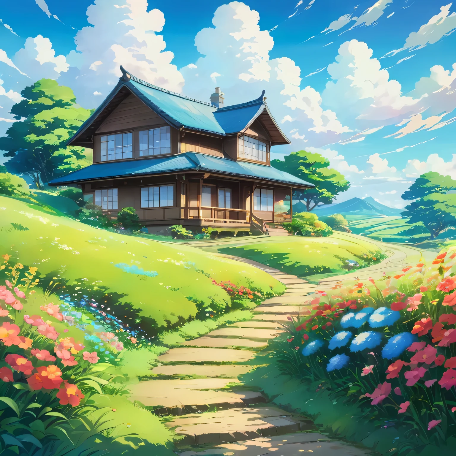 "In the midst of a tranquil field, a charming wooden house stands at the boundary. A winding natural road meanders through lush grass and colorful flowers. The sky, painted in shades of blue with fluffy white clouds, sets the perfect backdrop for this serene scene. Captured in the style of Anime Ghibli art, the camera pans out to reveal the picturesque landscape in stunning 8K resolution. Now, immerse yourself in this enchanting world."