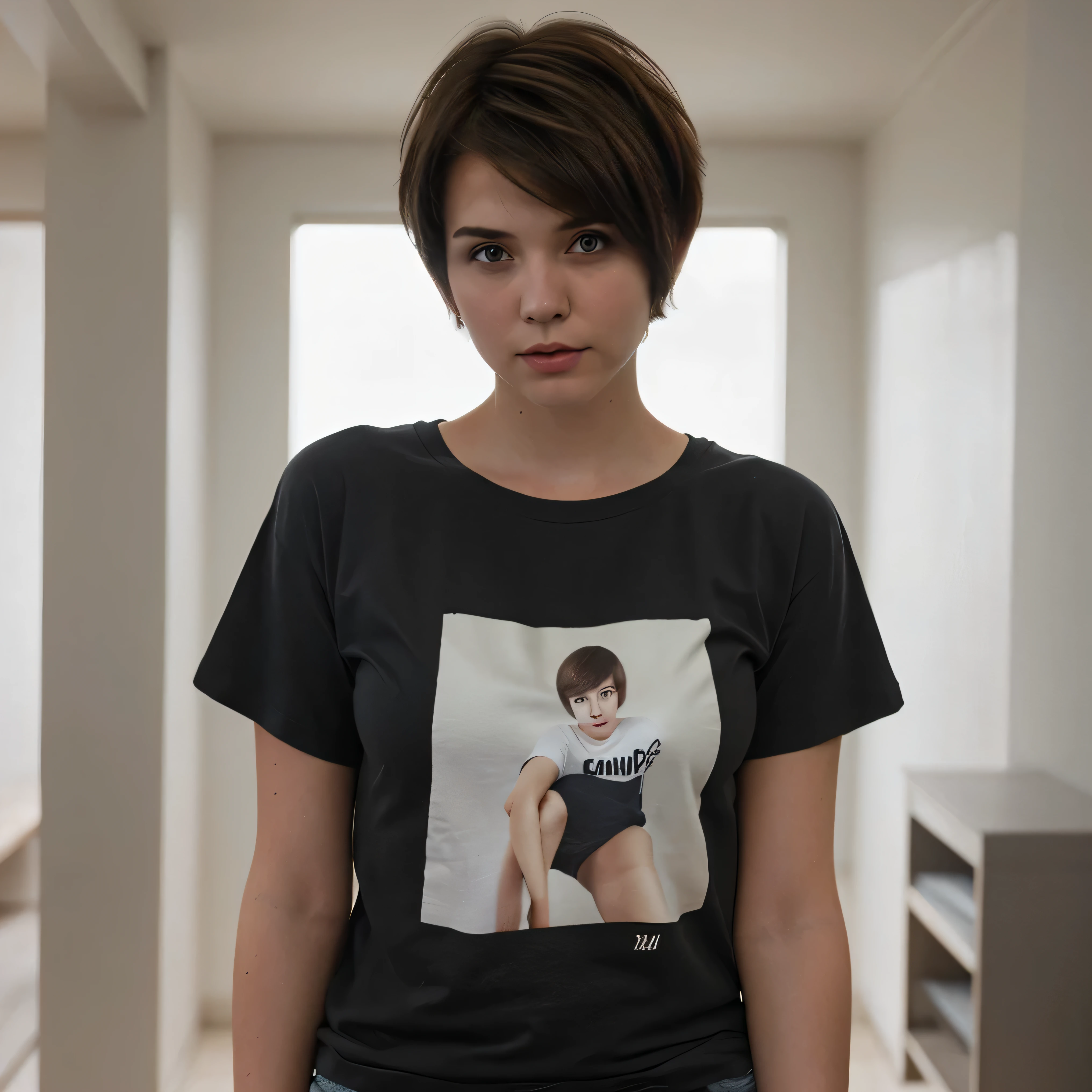 brunette with a short haircut, high, wearing a T-shirt. 