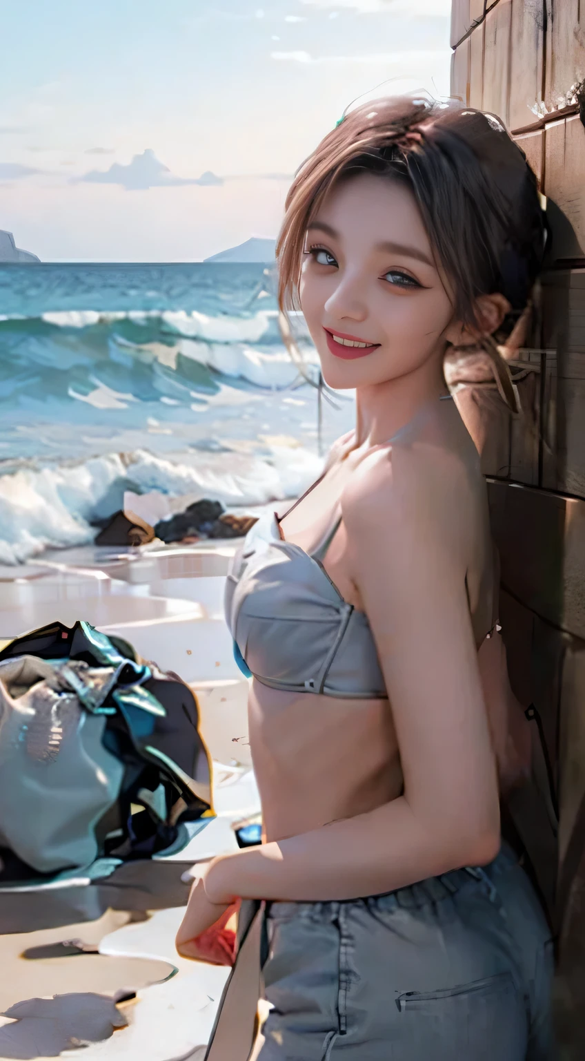 (Best quality: 1.1), (Realistic: 1.1), (Photography: 1.1), (High detail: 1.1), Looking at the viewer, armbands, jade bracelet, eyelashes, happy, medium breasts, beautiful and detailed girl, (very detailed eyes and face), (lighting on the face), necklaces, colorful clothes, [Chinese clothes], [bare shoulders], (solo exhibition: 1.2), beach, standing by the sea, summer, (beautiful details of the sky), perspective,