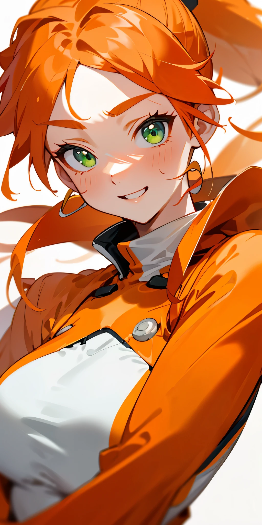 1 girl、one person、Orange clothes that clearly show your body shape、orange hair、ponytail、beautiful green eyes、intense joy on the face、I love you、upper body close-up