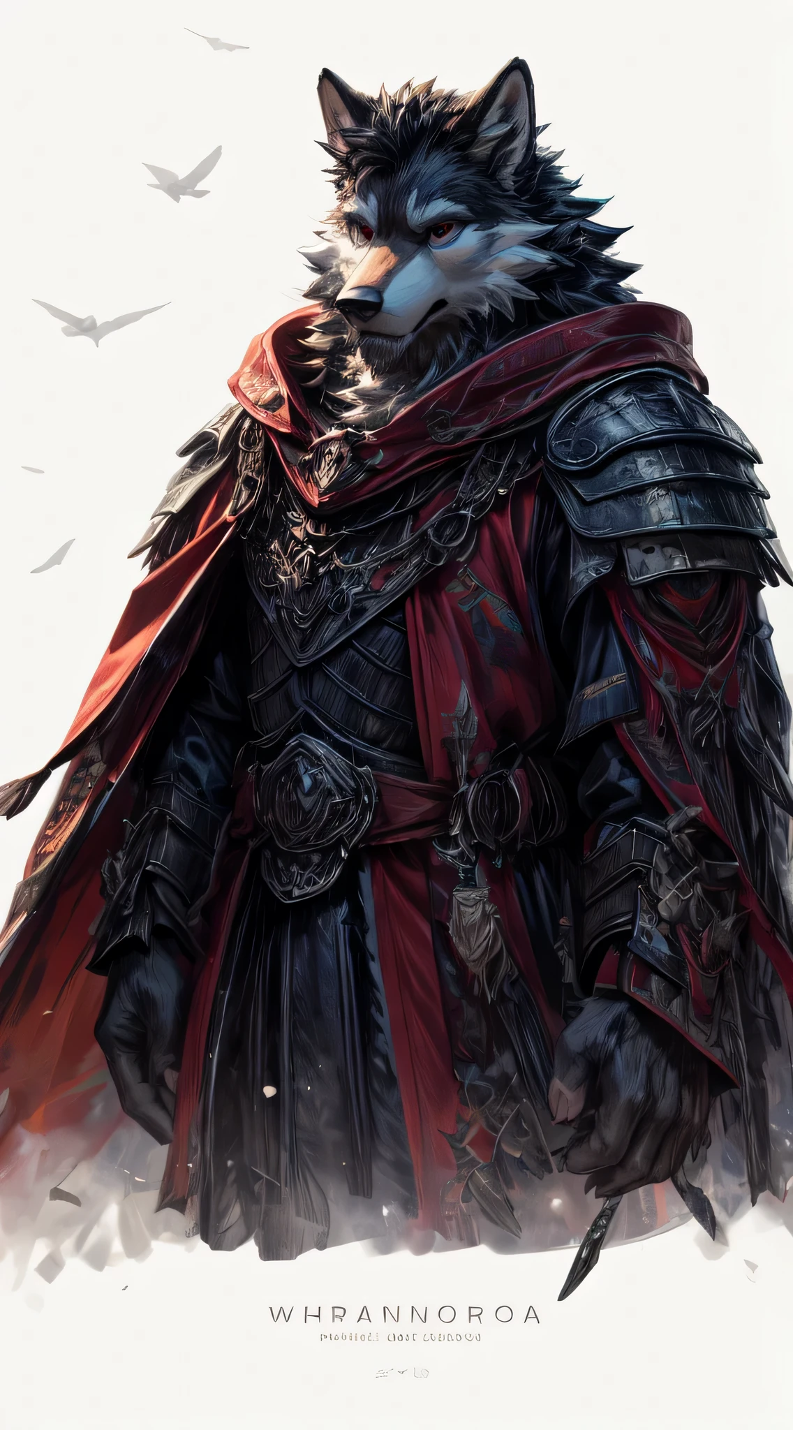 perfect anatomy, (ultra deTailed), sharp focus, Negi, eyes, black eyes, hairy, light white fur, brown fur, White beard, Humanity (Wolf), male, middle aged, gray body, white belly, Tail, muscular, knight clothing, red cherry long cloak, ultra deTailed face, depth of field, motion blur, high deTails, high quality, Award-winning, HD, 16K, (best quality,4K,8K,high resolution,masterpiece:1.2),ultra-deTailed,actual:1.37,HDR,UHD,studio lighting,extreme deTail description,professional,bright colors, ((masterpiece)), (((best quality))),(character design sheet, same characters, front, side, Back), illustration, Environmental change scenarios, Chathunbetalora, (simple Background, white Background: 1.3)