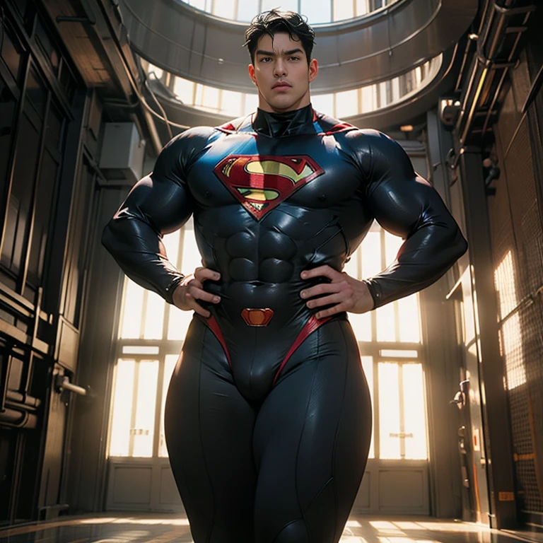 Man body setting，Superman costume bodysuit , (bare thighs) ,  ( thick bottom ) , realism , hyper realistic , photorealistic , ( thick hips ). , standing , super handsome boy , fatty hips , fatty buttocks, sexy , eroticism , nsfw , epic realism , epic photorealistic , tall man ,(hip fat), narrow waist , (wide hips) , large hips , bare chest , (overwide hips , over large buttocks),  (skinny but huge hips ) 
