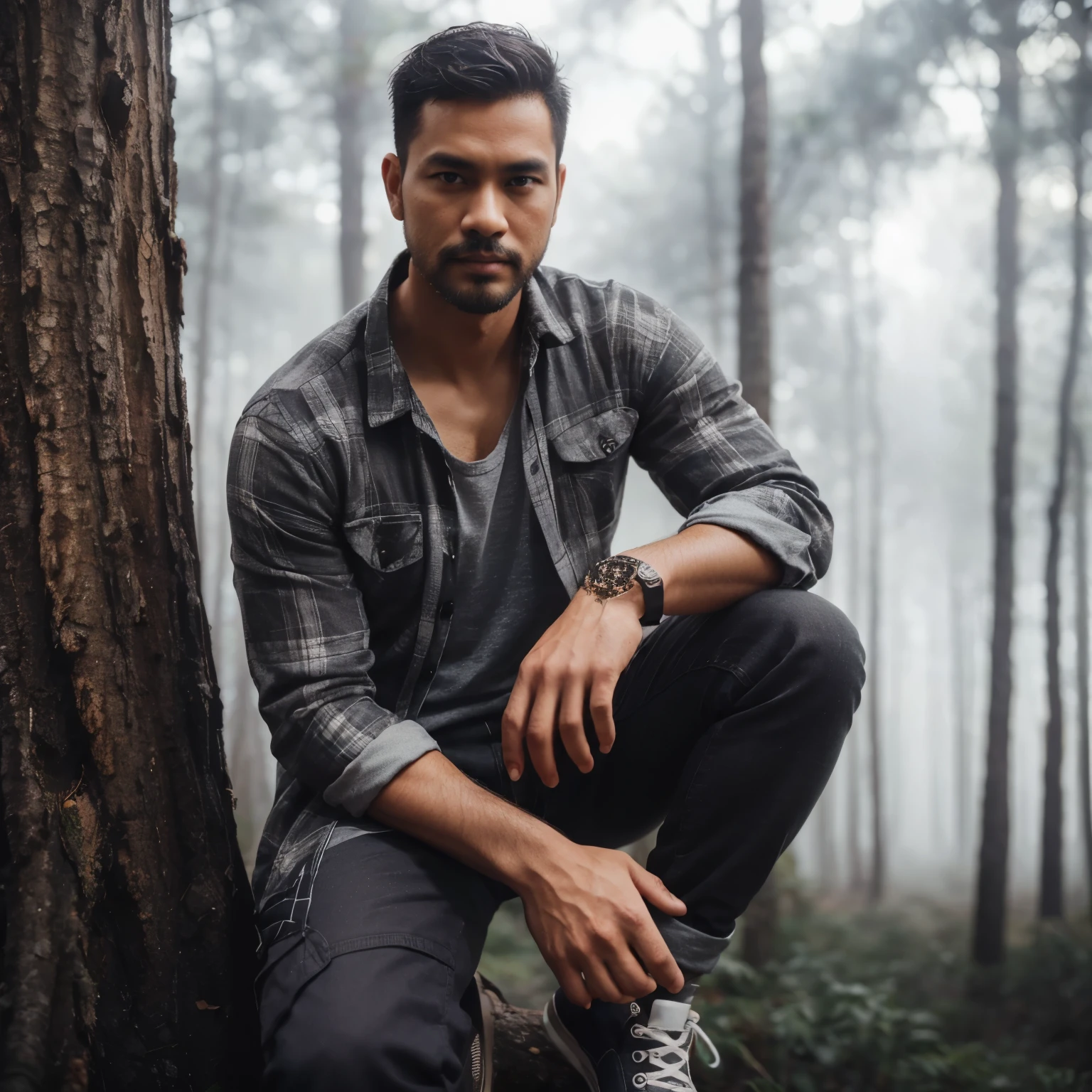 Full body shot, wide shot, cinematic portrait of a handsome 34 year old Indonesia man with short undercut hair, has a medium beard & no mustache. he is wearing a gray flannel shirt, black cargo jeans and white Converse shoes, leaning against a tree in a foggy forest, tall tree, lonely handsome man, artistic portrait, calm and quiet atmosphere, bokeh background showing a misty forest, his eyes are focused on camera, high detail images.