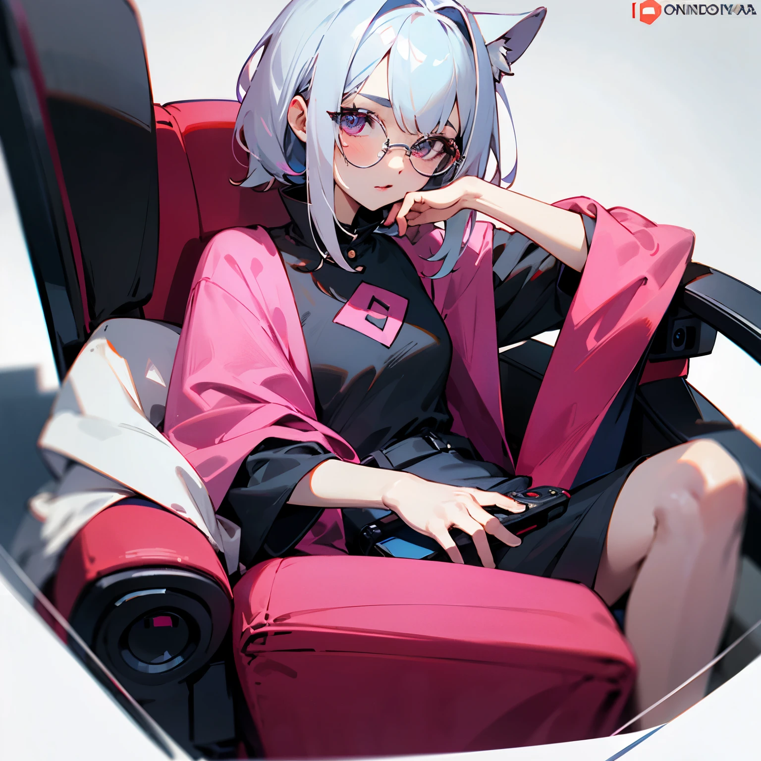 Chica de cabello negro, corte wolf cut, lentes fucsia, sentada en su silla gamer rosa con blanco, ojos marrones oscuros, control rosa de xbox y fondo morado
