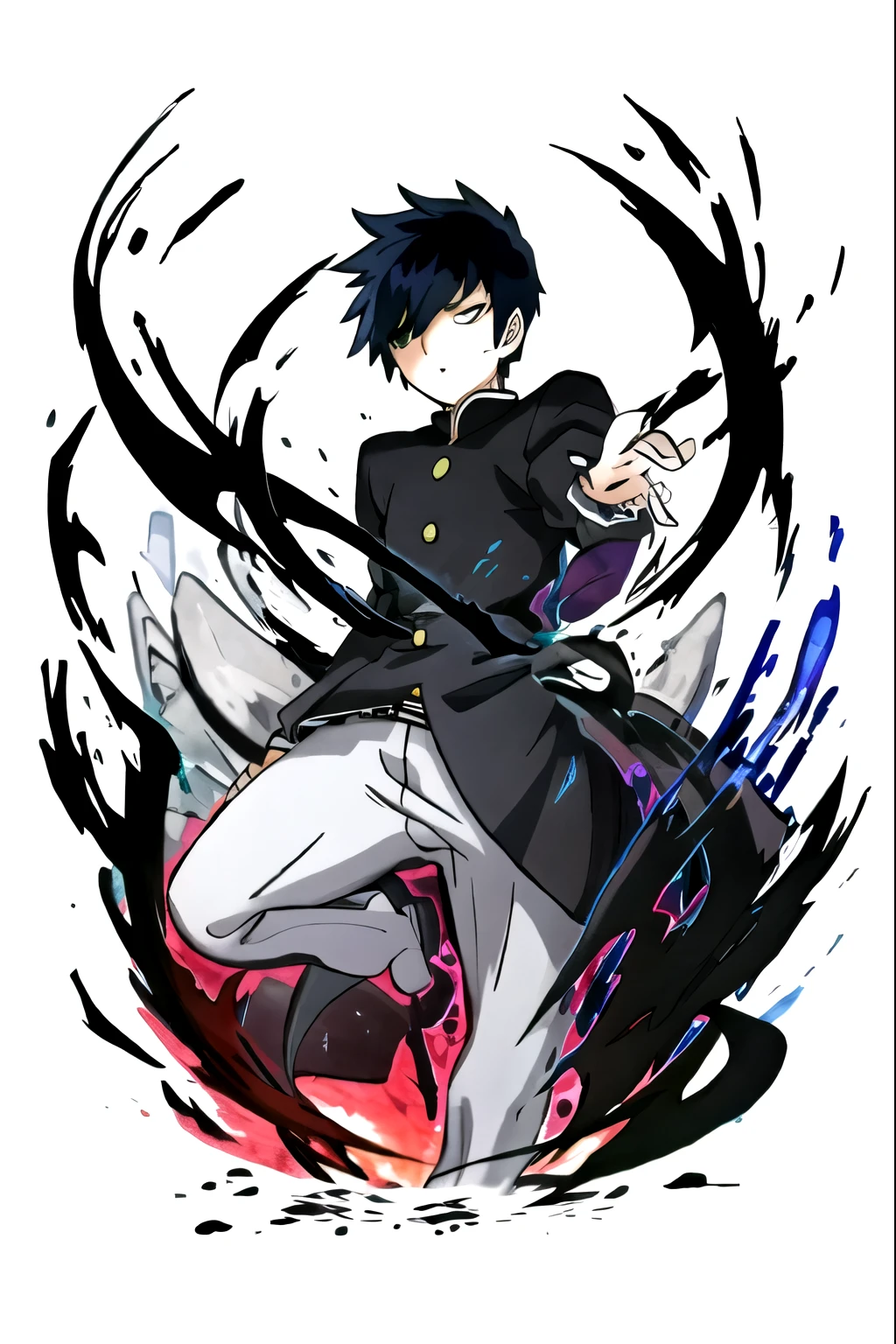 anime character with black hair and a white shirt and black pants, official art, key anime art, anime key visual”, inspired by Okumura Masanobu, digital art from danganronpa, official anime artwork, mob psycho 100, official illustration, key visual, thick black outlines on artwork, thick drawing outlines, black outline