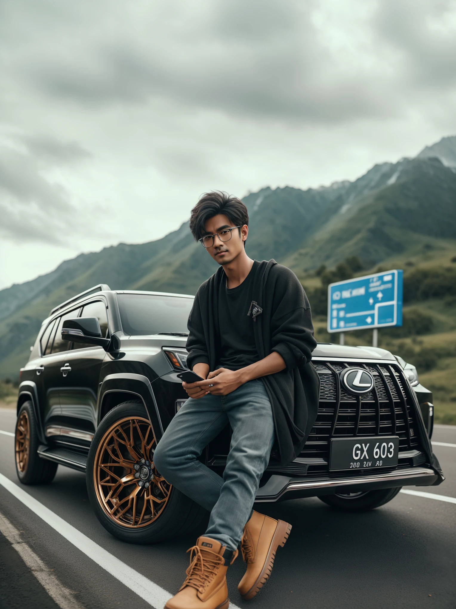 arafed man sitting on the hood of a black suv, vehicle photography, shot on canon eos r 5, shot on canon eos r5, cinematic. by leng jun, portrait shot 8 k, auto photography, edited in photoshop, luts, high quality portrait, cinematic luts, taken with sony alpha 9, captured on canon eos r 6, car photography