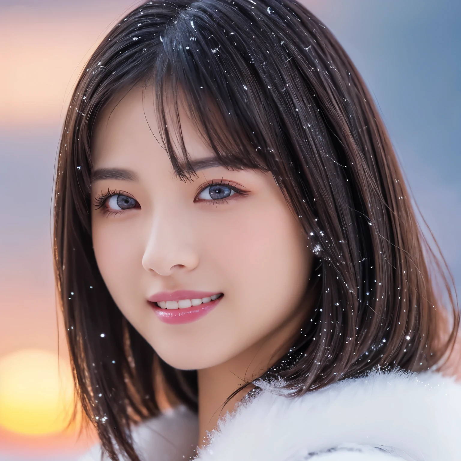 (highest quality、table top、8K、best image quality、Award-winning work)、1 girl、close up of face、smile looking at me、thick coat、Fur hood、(frozen snow field in winter:1.1)、Icy ground、(romantic sunset:1.2)、(fantastic starry sky:1.2)、(星空とsunset:1.1)、(It&#39;s snowing:1.1)、(Tyndall effect:1.1)、sunset、epic movie lighting、(accurate anatomy:1.1)、short hair、Ultra high definition beauty face、long eyelashes、natural makeup、ultra high definition hair、ultra high resolution eyes、(Beautiful skin that shines in ultra-high resolution:1.1)、Super high resolution glossy lips