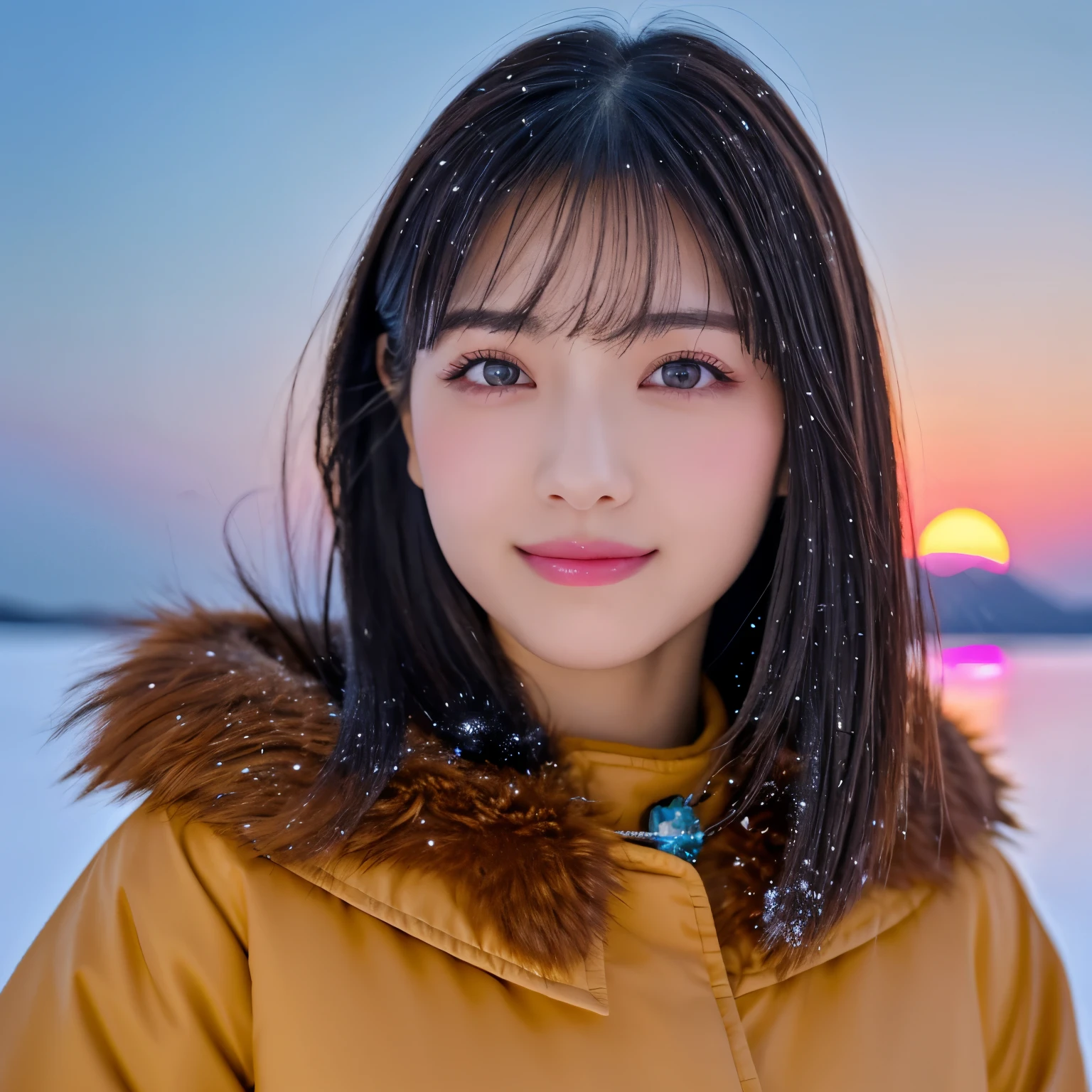 (highest quality、table top、8K、best image quality、Award-winning work)、1 girl、close up of face、smile looking at me、thick coat、Fur hood、(frozen snow field in winter:1.1)、Icy ground、(romantic sunset:1.2)、(fantastic starry sky:1.2)、(星空とsunset:1.1)、(It&#39;s snowing:1.1)、(Tyndall effect:1.1)、sunset、epic movie lighting、(accurate anatomy:1.1)、short hair、Ultra high definition beauty face、long eyelashes、natural makeup、ultra high definition hair、ultra high resolution eyes、(Beautiful skin that shines in ultra-high resolution:1.1)、Super high resolution glossy lips