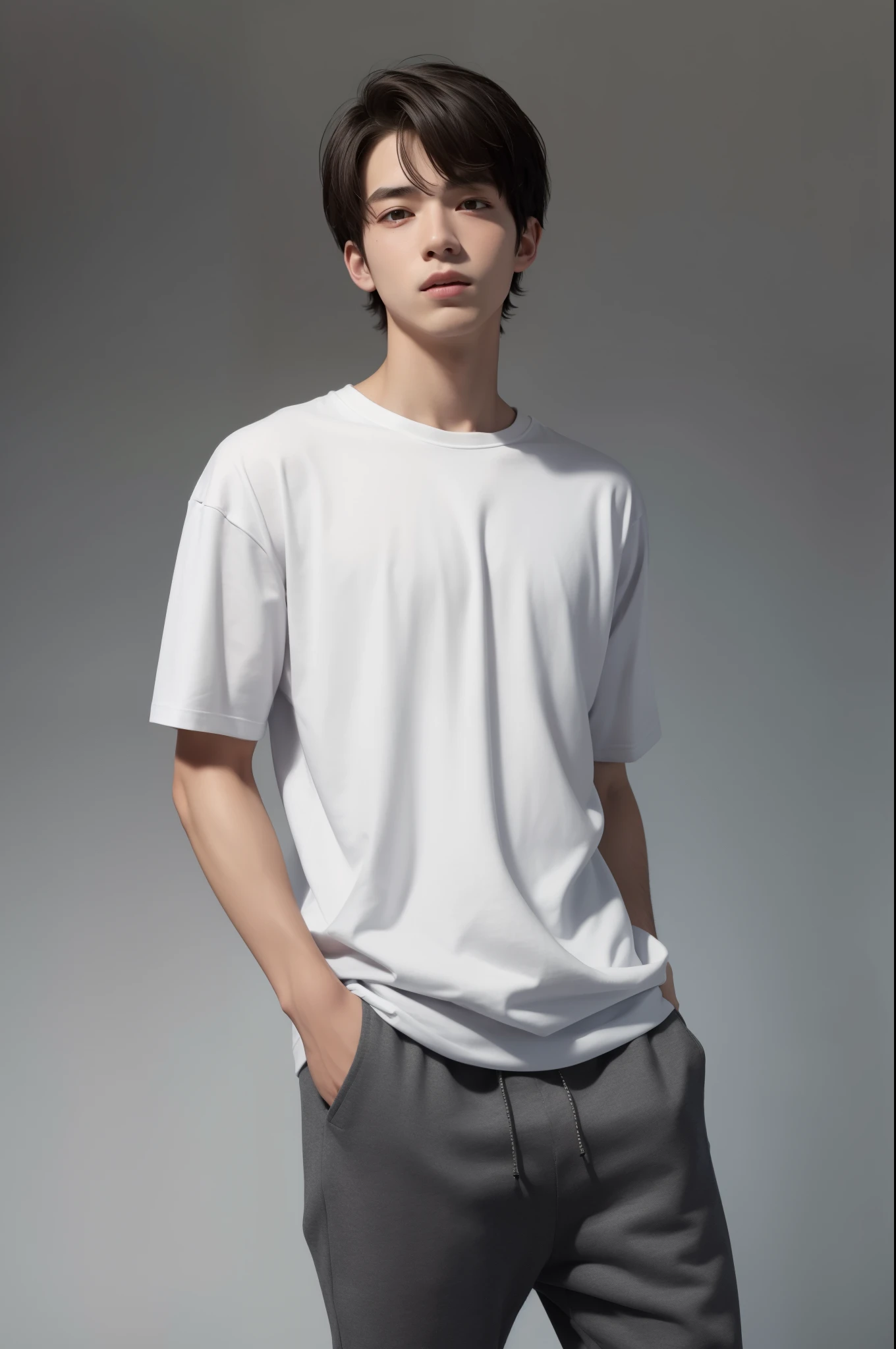 boy wearing a T-shirt, baggy, white shirt, t-shirt, handsome boy, masculine, smart, background flat, flat color, Gray Background, full pants, sweatpants, sweatshirts, baggy clothes