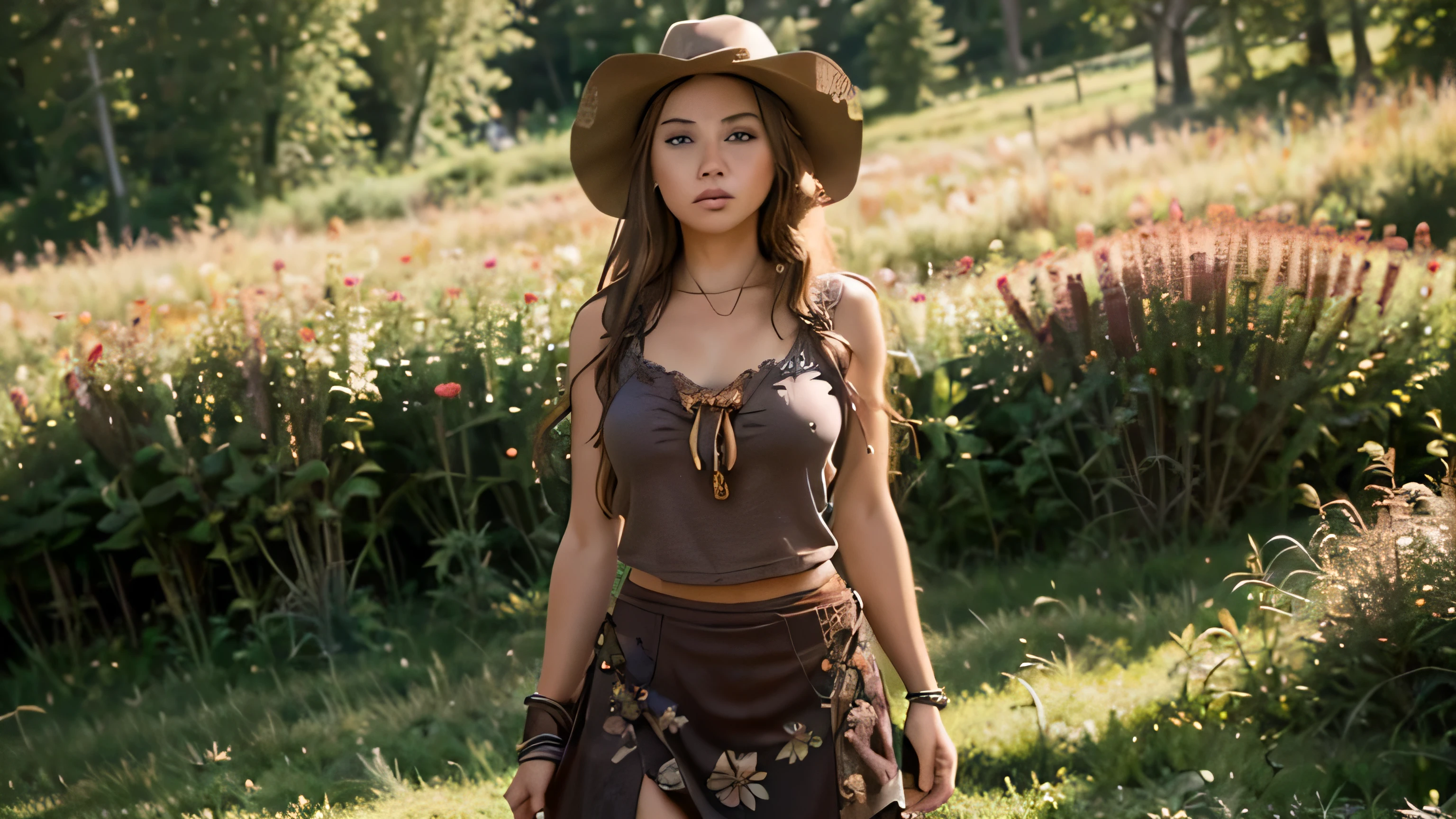 Close-up shot, a western scene, a solo beautiful blonde woman standing next to a split rail fence in a flower-filled meadow in the Sawtooth Mountains in Idaho as the sun sets; wearing a short, rough material skirt, bandana top, large breasts, no hat, nipples covered, 4k extremely photorealistic, uhd 4k highly detailed, ((ethereal lighting, ultra-high res.photorealistic:.1.4, (high detailed skin:1.2), 8k uhd, dslr, high quality, film grain, Fujifilm XT3,(masterpiece) (best quality) (detailed) (cinematic lighting) (sharp focus) (intricate) levantando saia